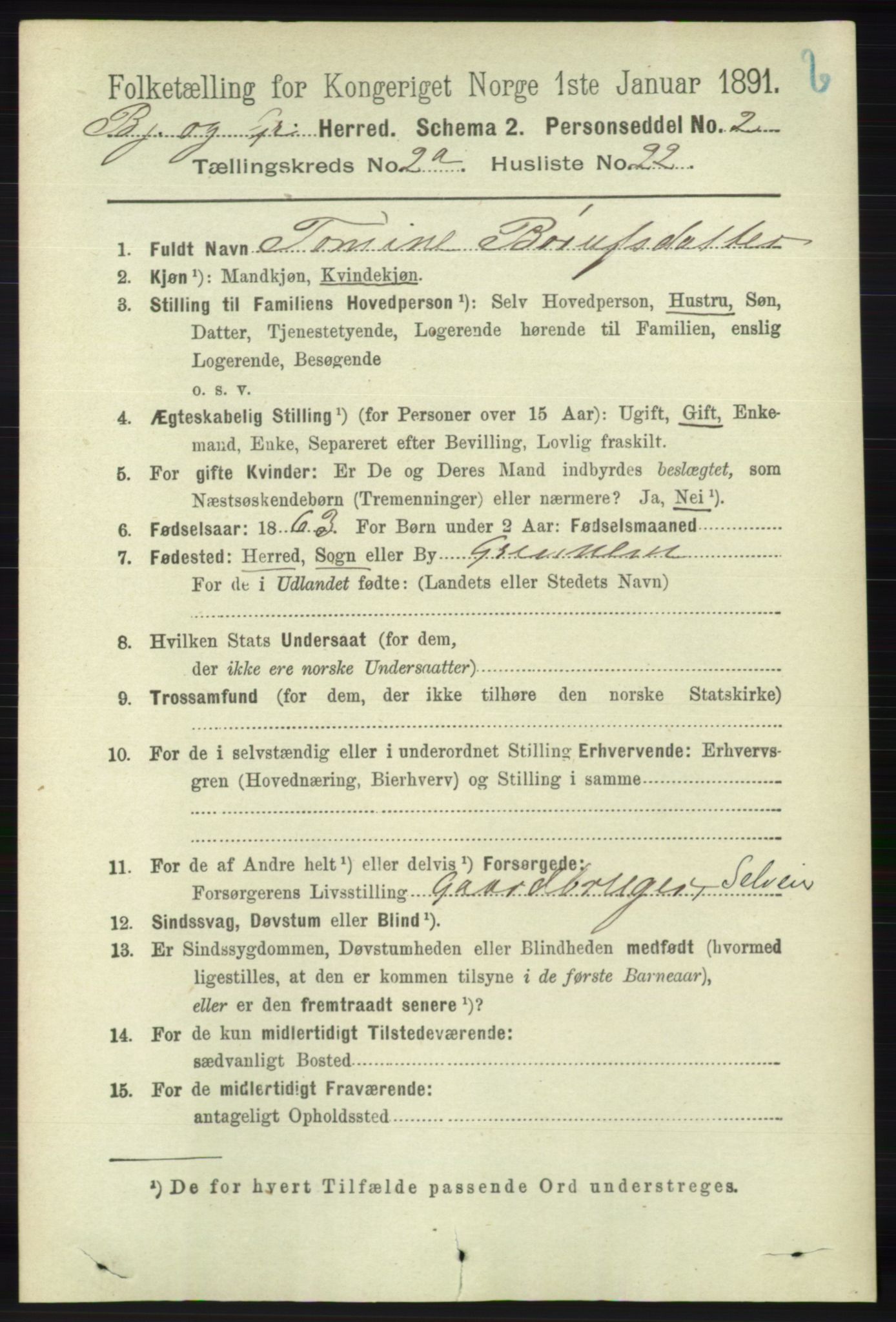 RA, 1891 census for 1024 Bjelland og Grindheim, 1891, p. 438