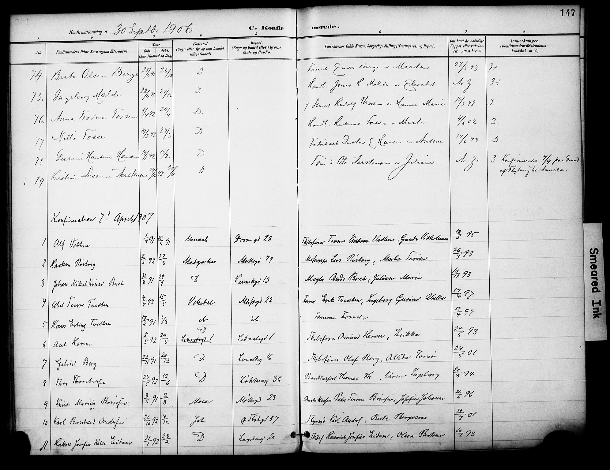 Domkirken sokneprestkontor, SAST/A-101812/001/30/30BA/L0031: Parish register (official) no. A 30, 1896-1916, p. 147