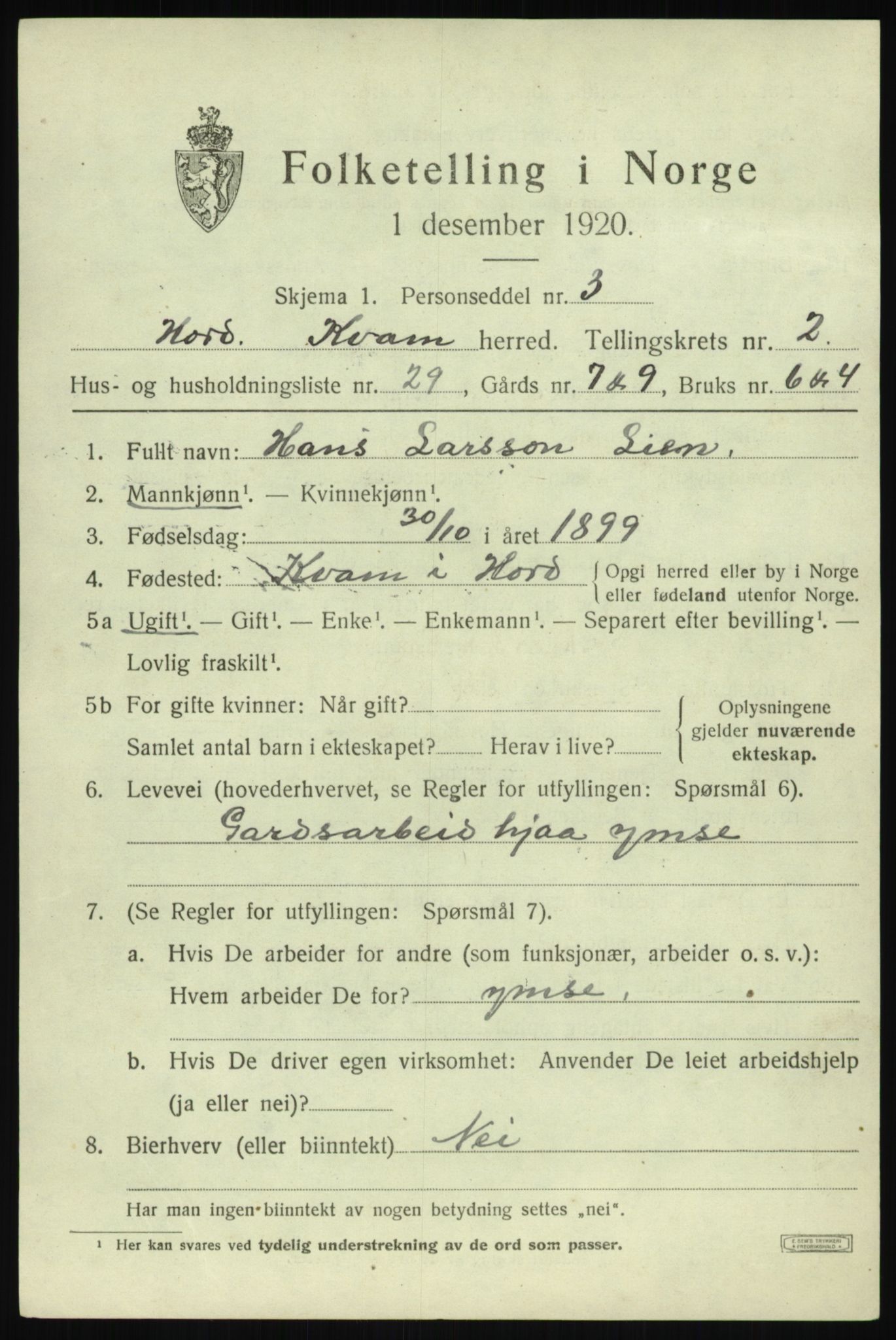 SAB, 1920 census for Kvam, 1920, p. 2509