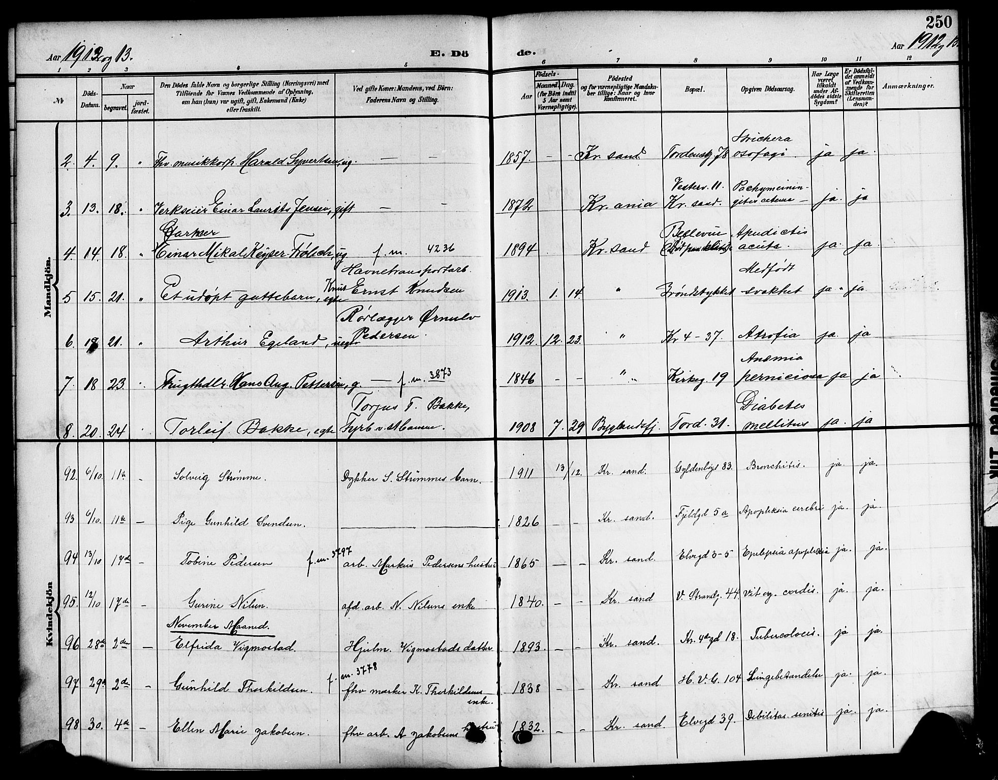 Kristiansand domprosti, SAK/1112-0006/F/Fb/L0020: Parish register (copy) no. B 20, 1906-1915, p. 250