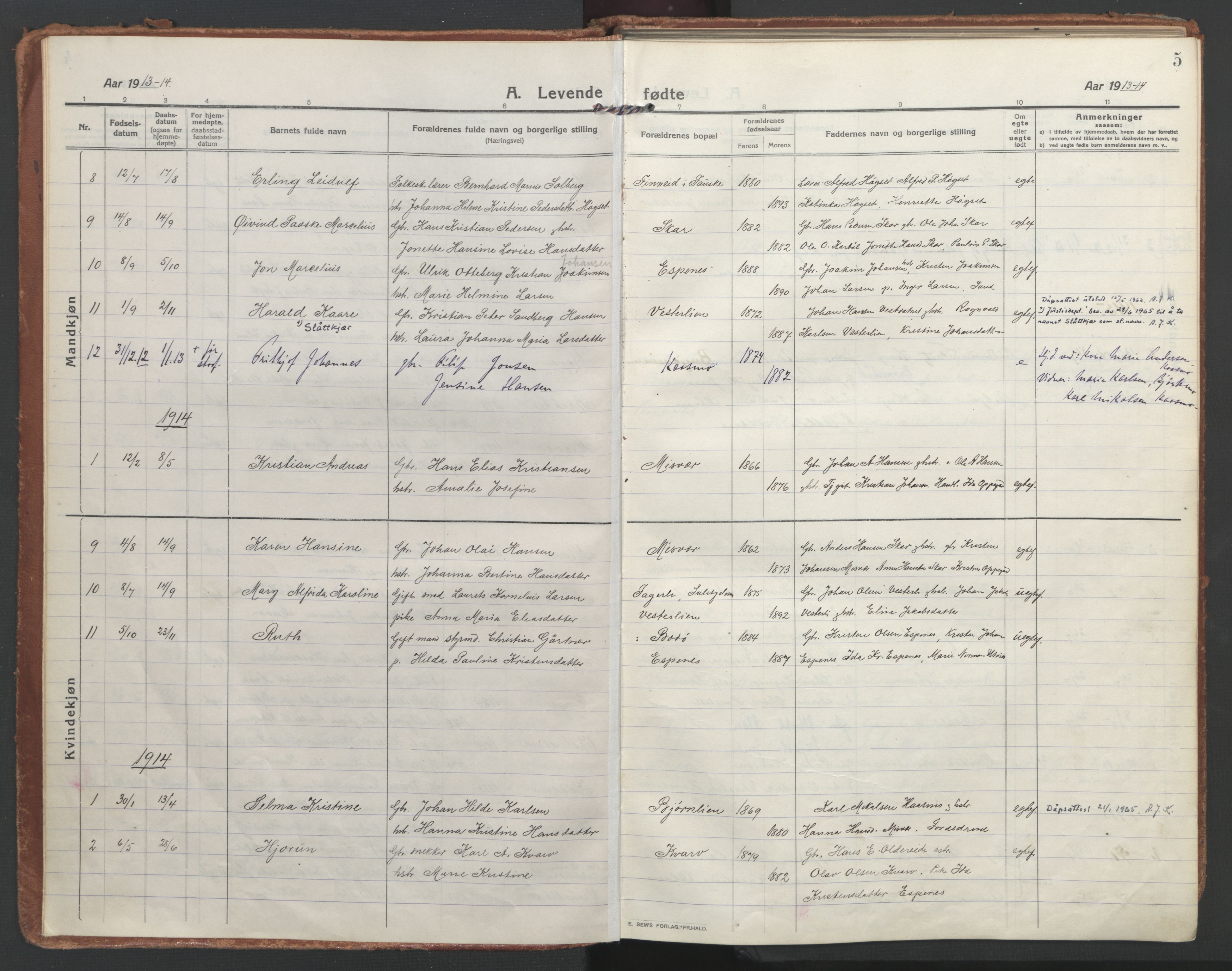 Ministerialprotokoller, klokkerbøker og fødselsregistre - Nordland, AV/SAT-A-1459/852/L0748: Parish register (official) no. 852A18, 1913-1932, p. 5