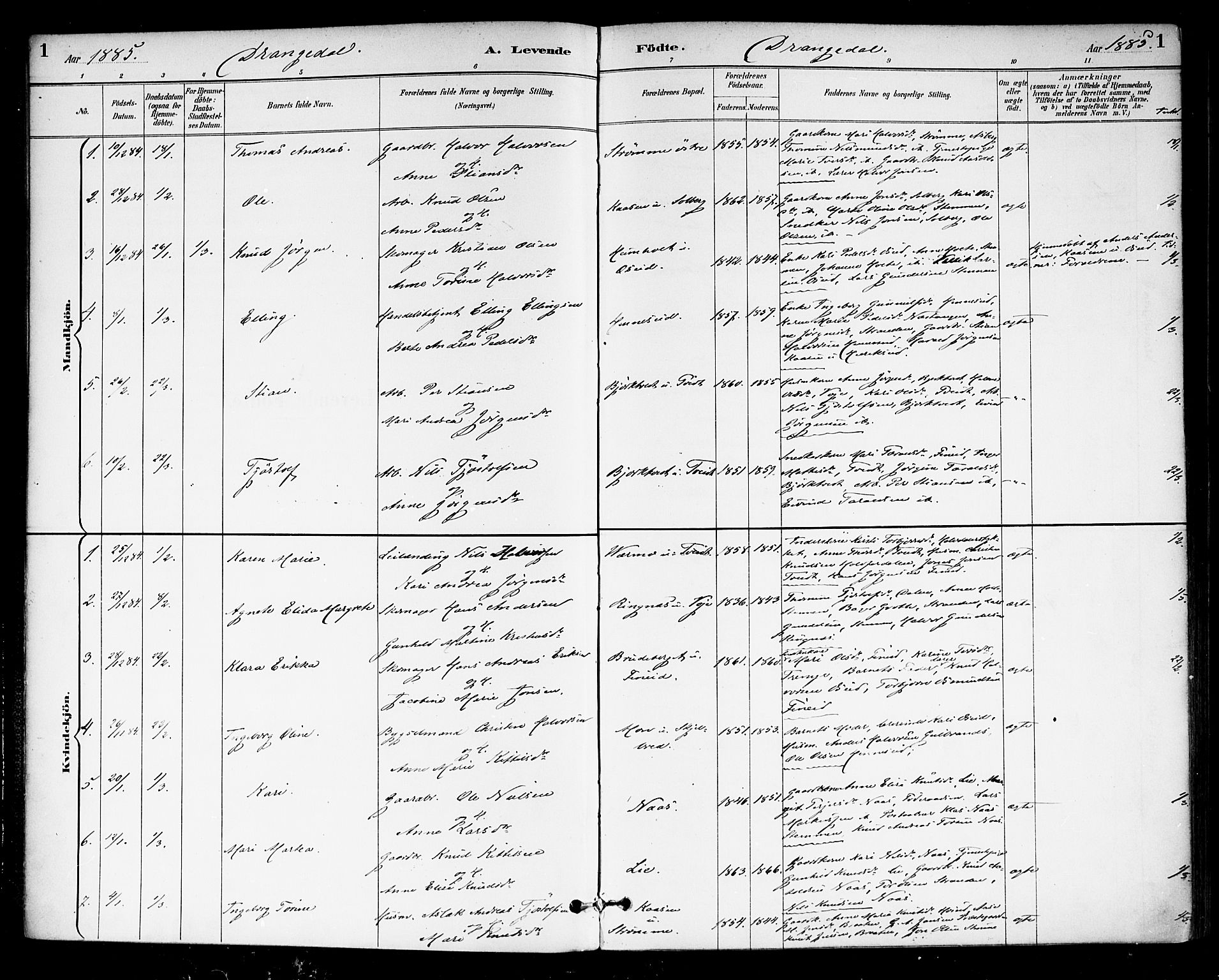 Drangedal kirkebøker, SAKO/A-258/F/Fa/L0010: Parish register (official) no. 10 /1, 1885-1894, p. 1