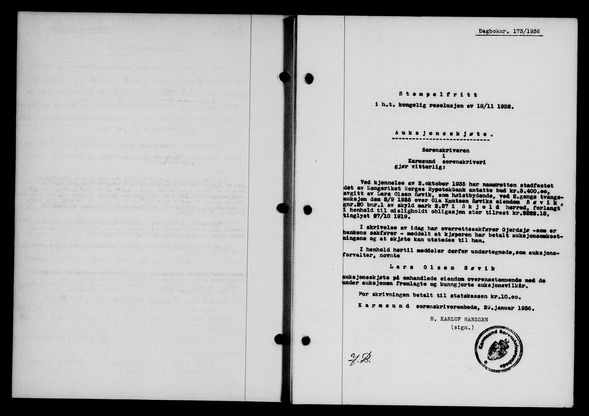 Karmsund sorenskriveri, SAST/A-100311/01/II/IIB/L0066: Mortgage book no. 47A, 1936-1936, Diary no: : 173/1936