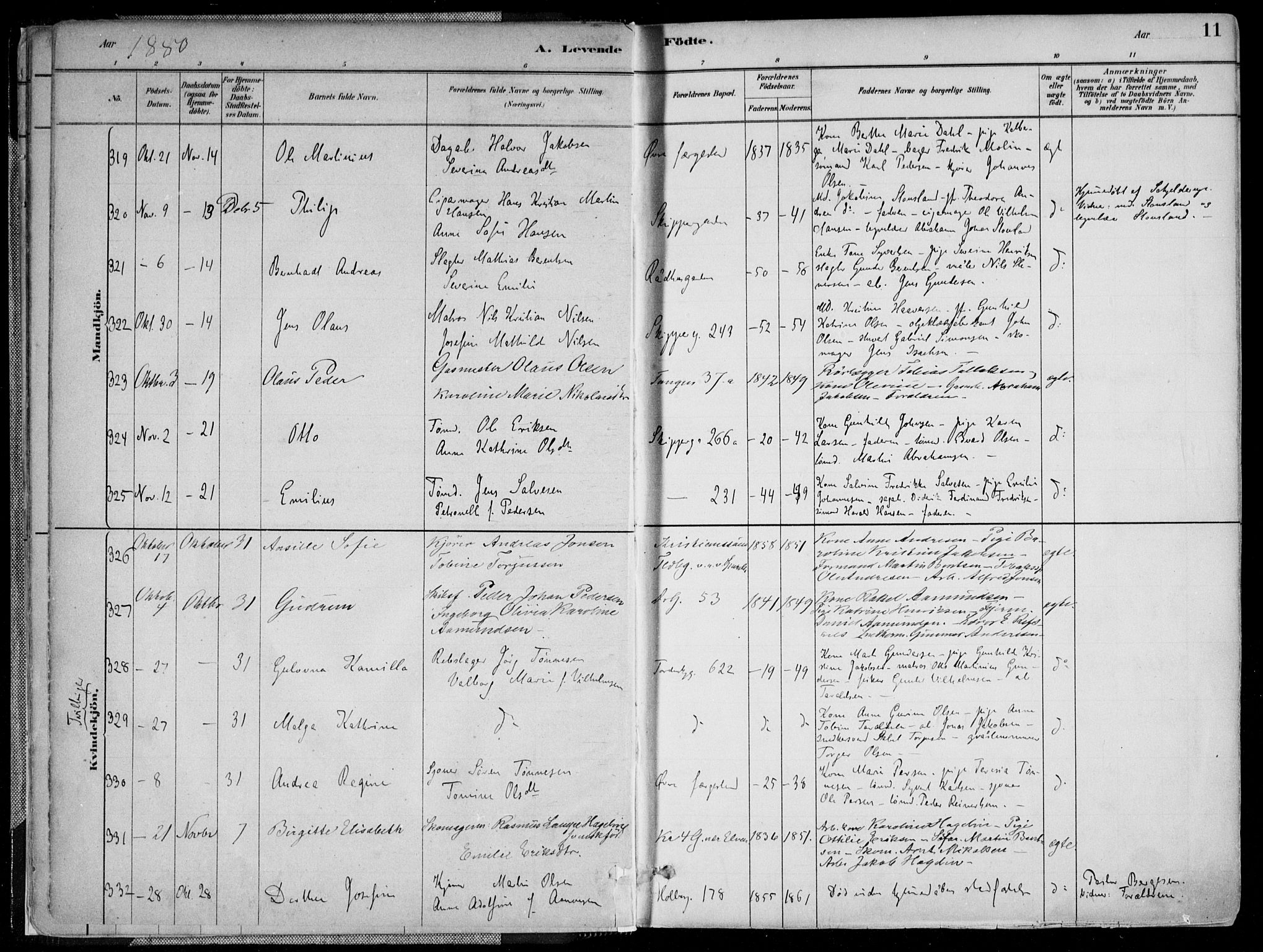 Kristiansand domprosti, SAK/1112-0006/F/Fa/L0016: Parish register (official) no. A 16A, 1880-1890, p. 11