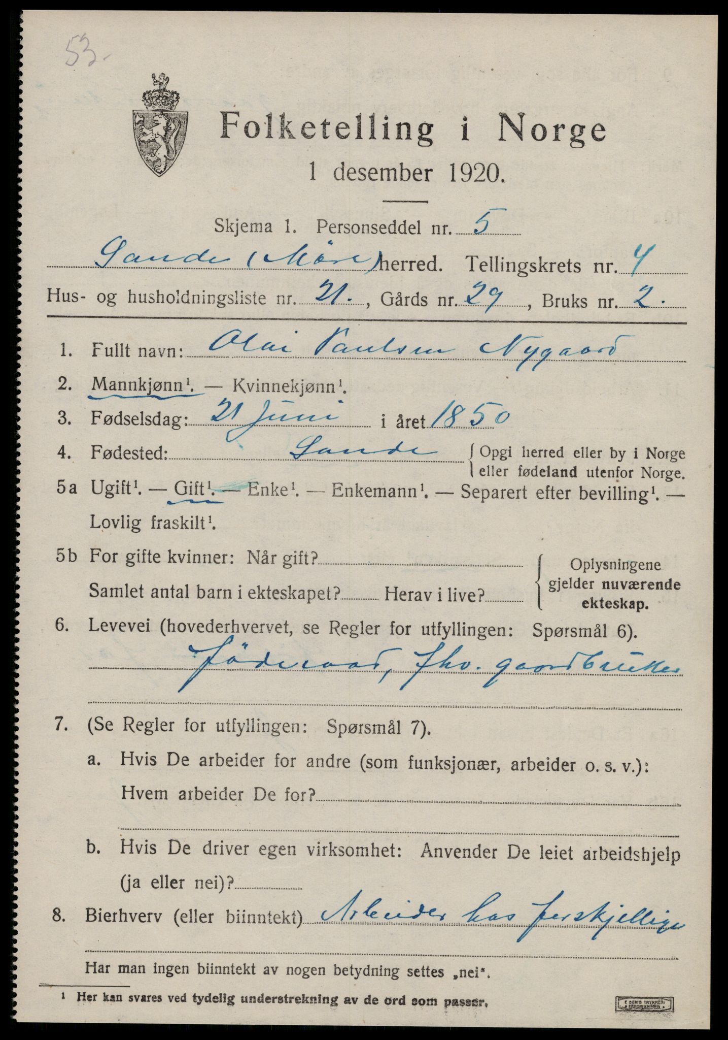 SAT, 1920 census for Sande (MR), 1920, p. 3238