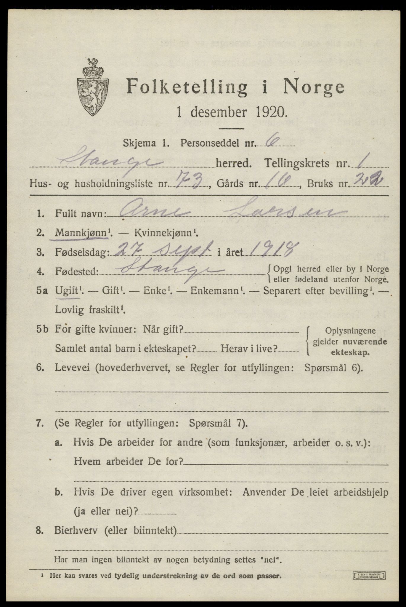 SAH, 1920 census for Stange, 1920, p. 3801