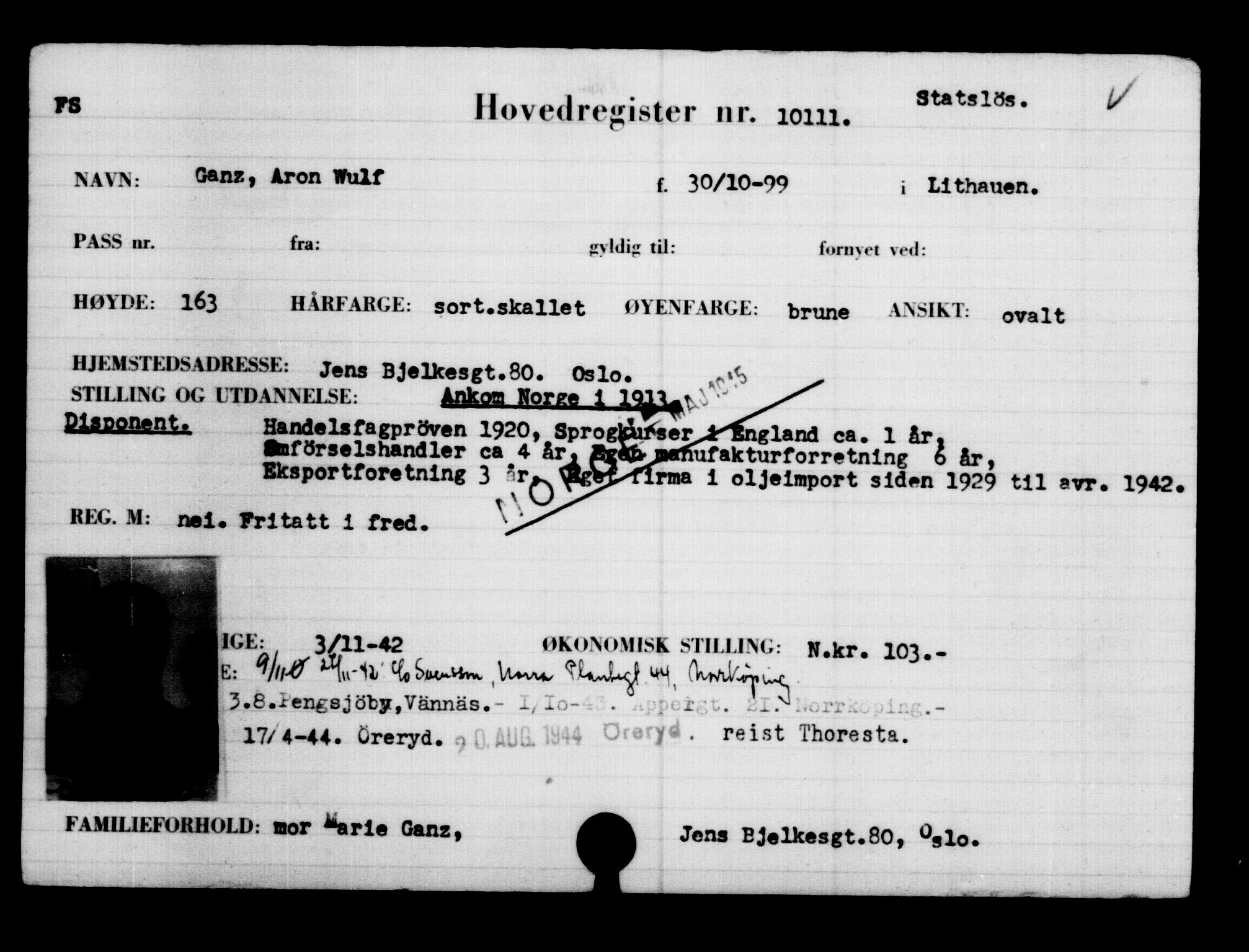Utenriksstasjonene, Legasjonen i Stockholm, Flyktningkontoret, AV/RA-S-6753/V/Va/L0006: Kjesäterkartoteket, flyktninger med registreringsnr. 9400-12711, 1940-1945, p. 814
