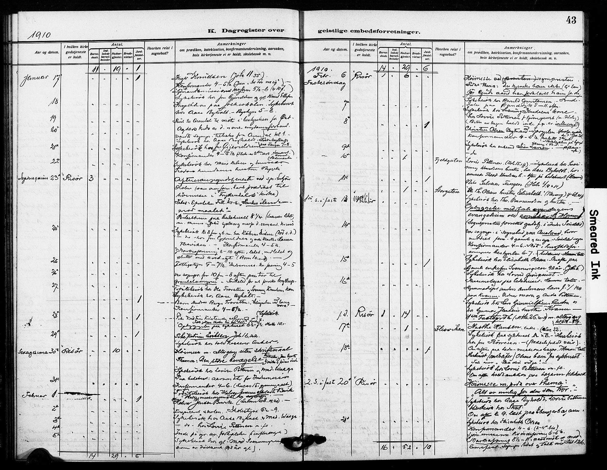 Risør sokneprestkontor, AV/SAK-1111-0035/F/Fa/L0007: Parish register (official) no. A 7, 1908-1921, p. 43