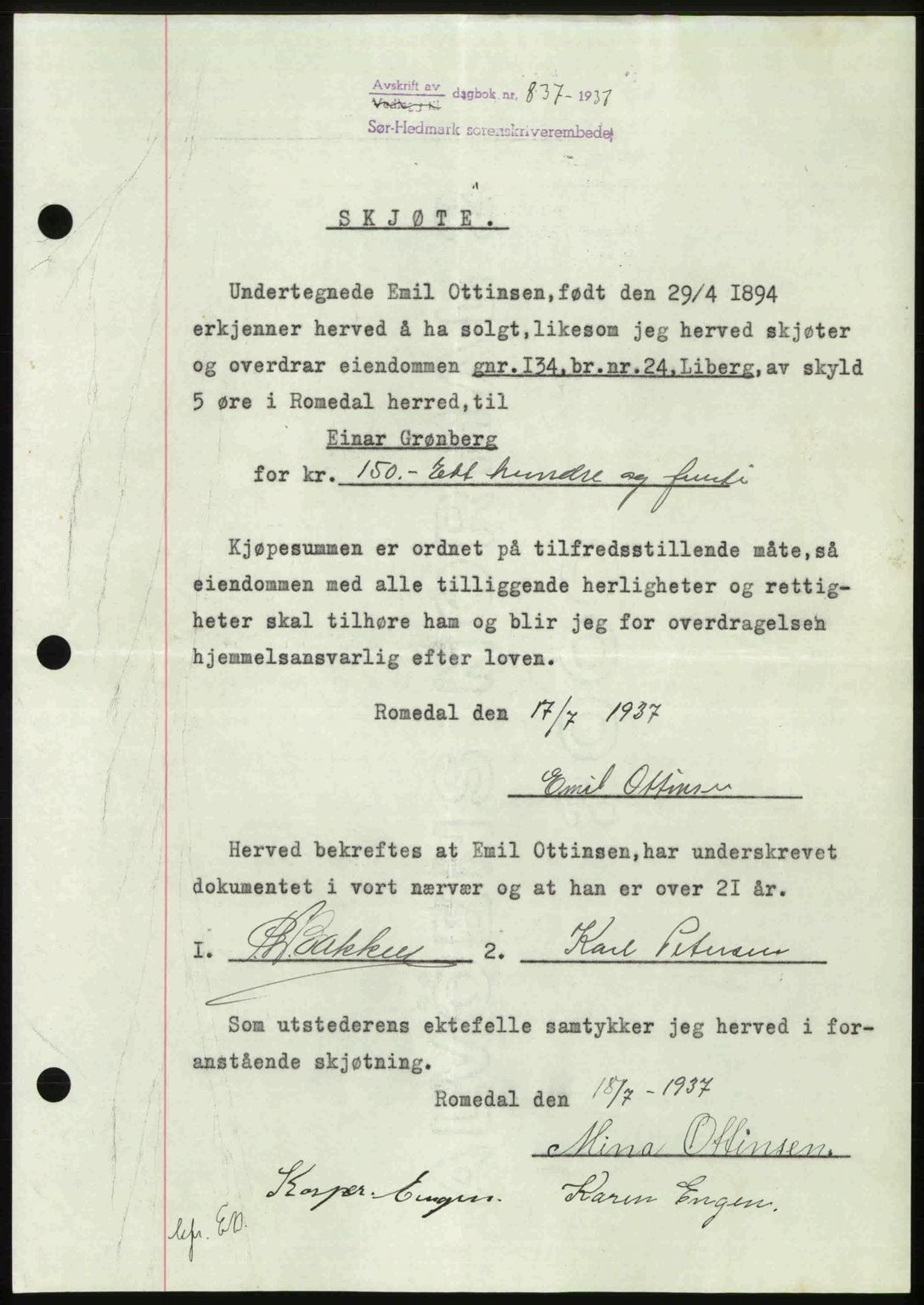 Sør-Hedmark sorenskriveri, SAH/TING-014/H/Hb/Hbd/L0003: Mortgage book no. 3, 1937-1938, Diary no: : 837/1937