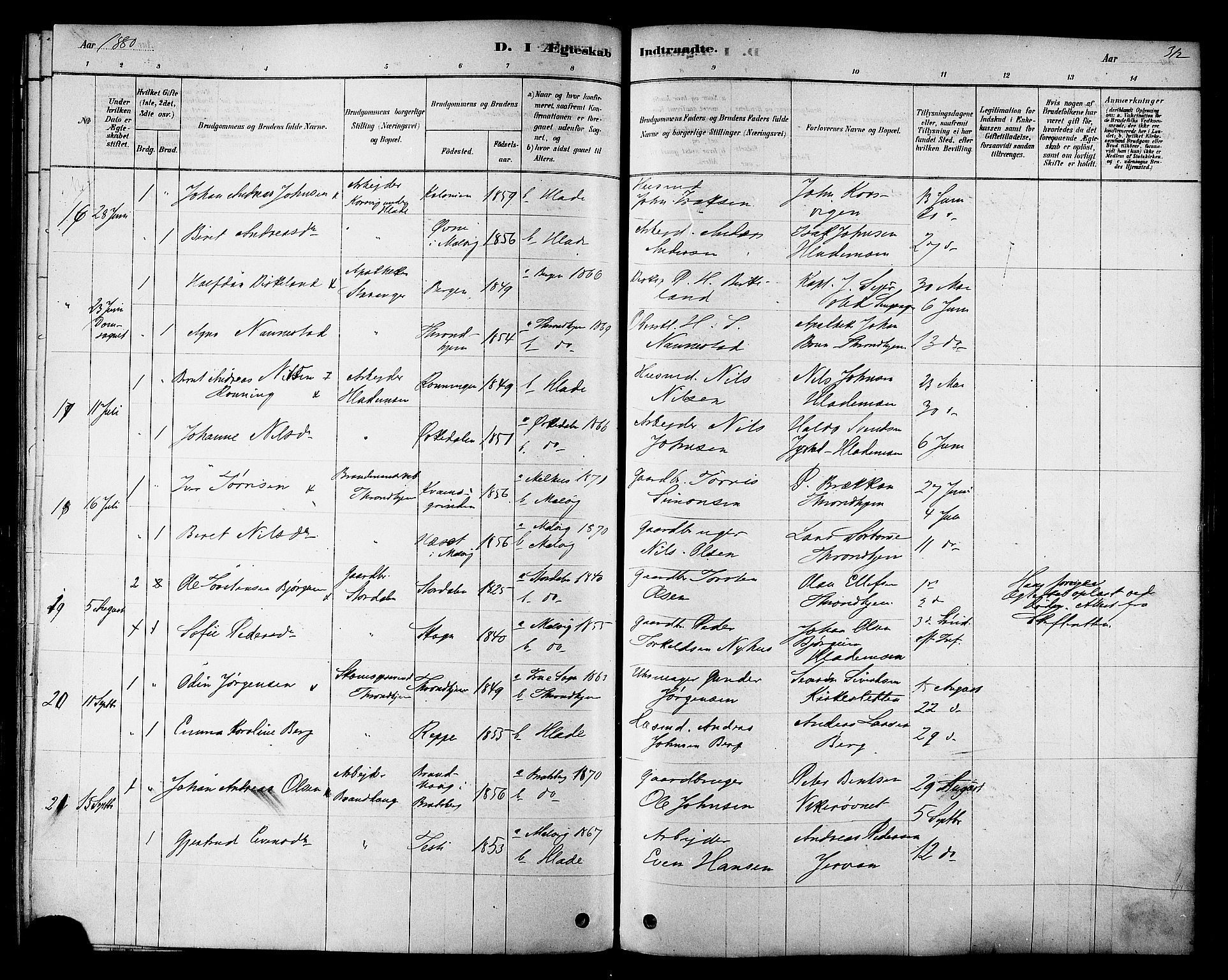 Ministerialprotokoller, klokkerbøker og fødselsregistre - Sør-Trøndelag, AV/SAT-A-1456/606/L0294: Parish register (official) no. 606A09, 1878-1886, p. 312