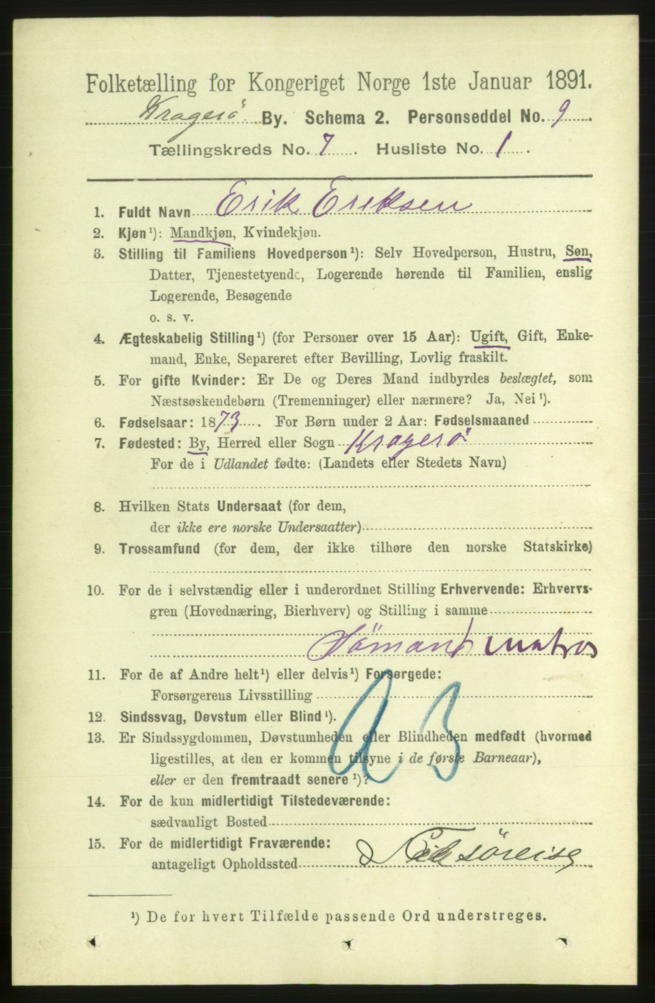 RA, 1891 census for 0801 Kragerø, 1891, p. 3476