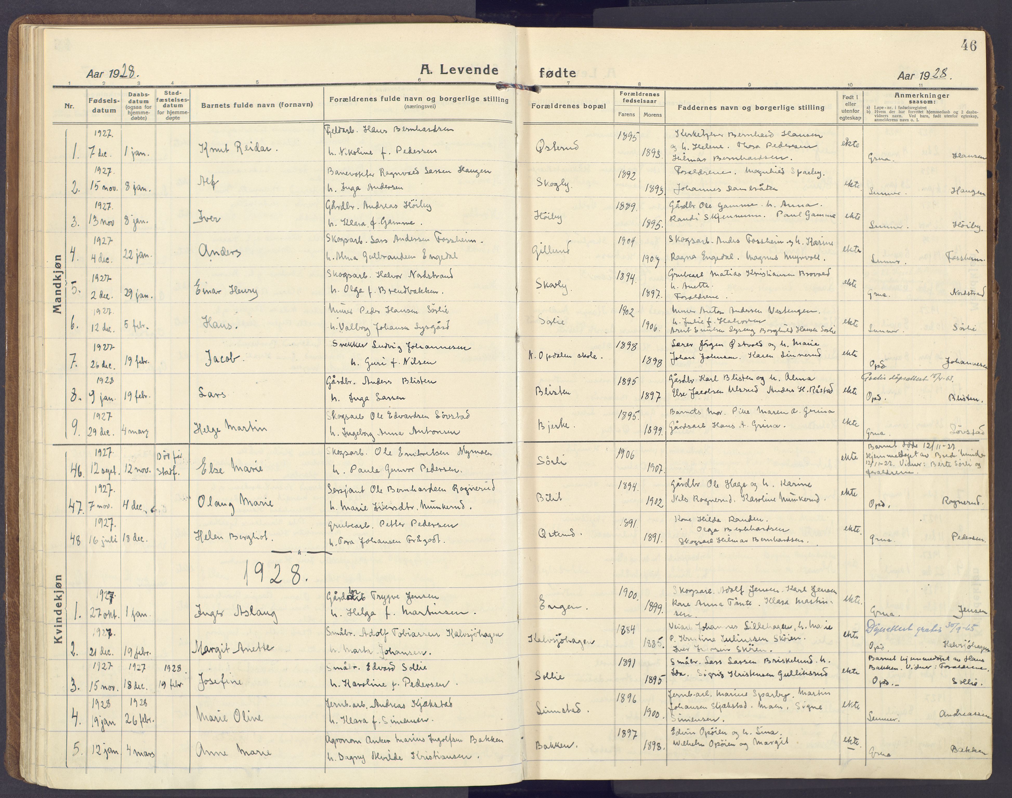 Lunner prestekontor, SAH/PREST-118/H/Ha/Haa/L0002: Parish register (official) no. 2, 1922-1931, p. 46