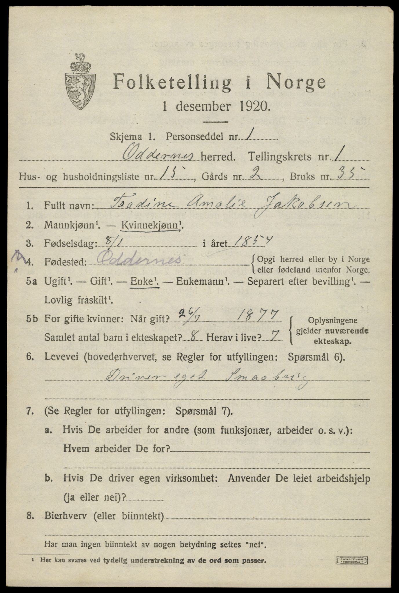 SAK, 1920 census for Oddernes, 1920, p. 2189