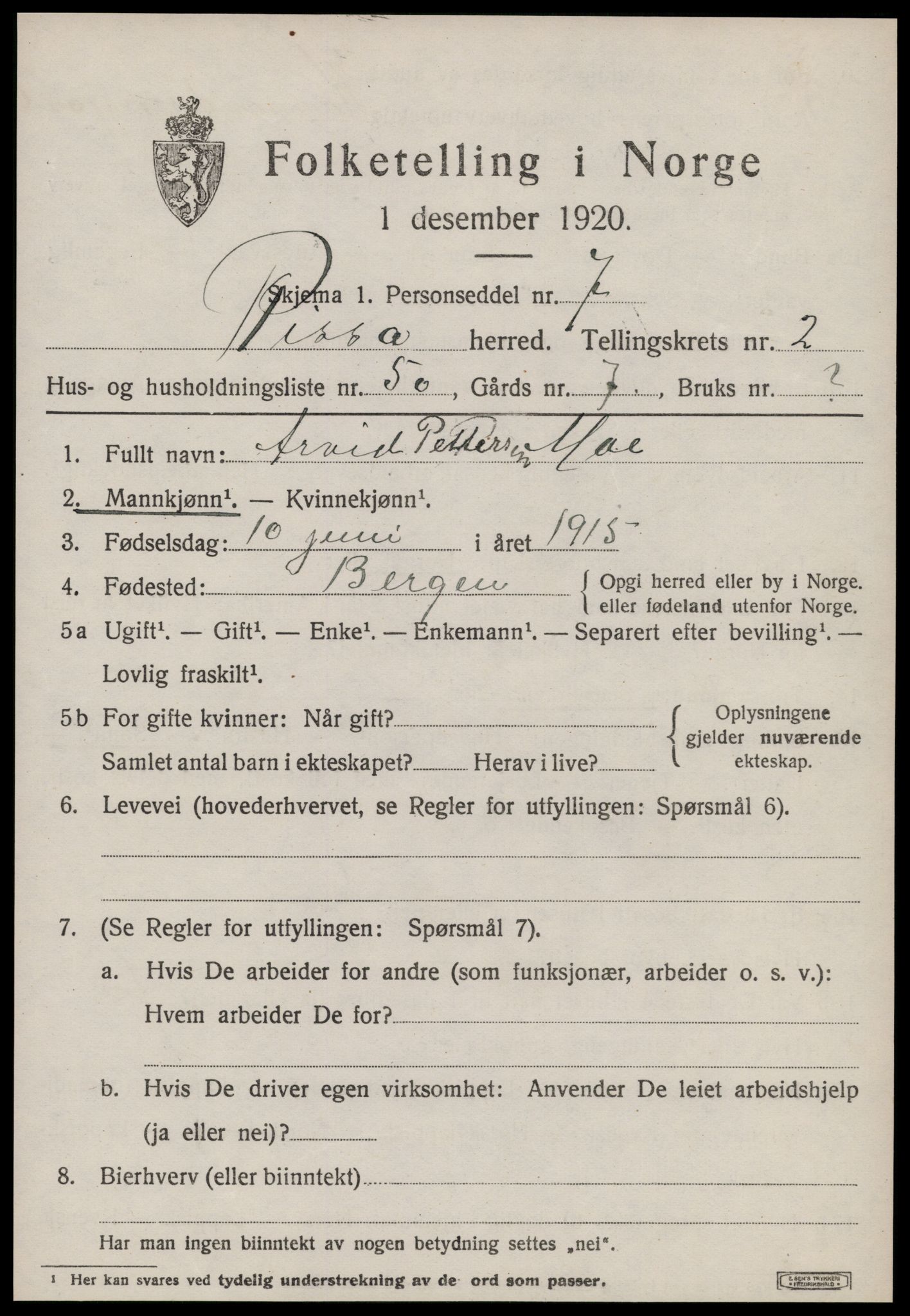 SAT, 1920 census for Rissa, 1920, p. 2291