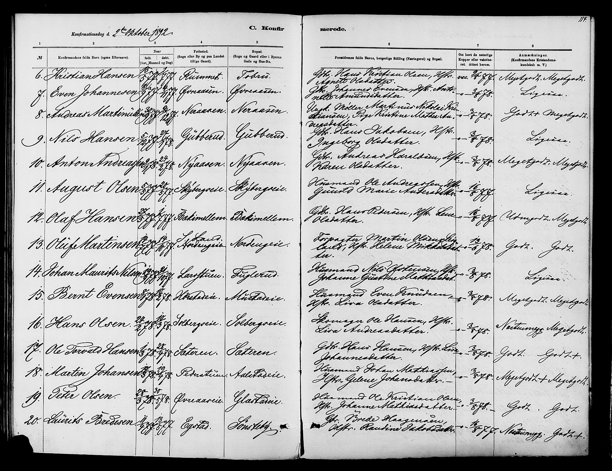 Vardal prestekontor, SAH/PREST-100/H/Ha/Haa/L0010: Parish register (official) no. 10, 1878-1893, p. 114