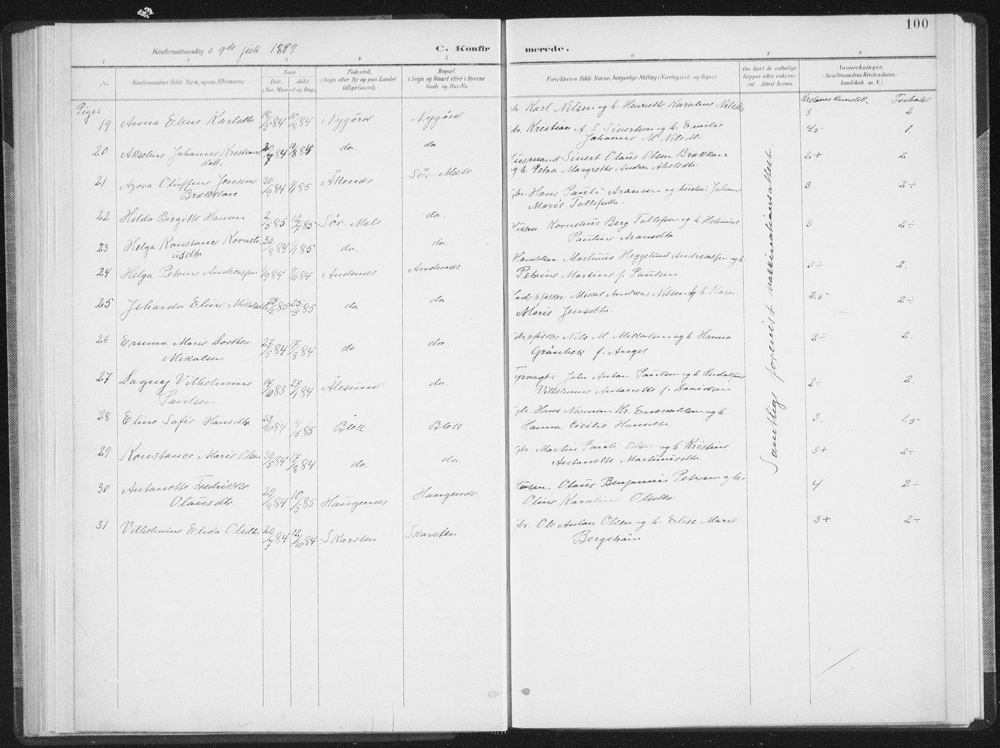 Ministerialprotokoller, klokkerbøker og fødselsregistre - Nordland, AV/SAT-A-1459/897/L1400: Parish register (official) no. 897A07, 1897-1908, p. 100