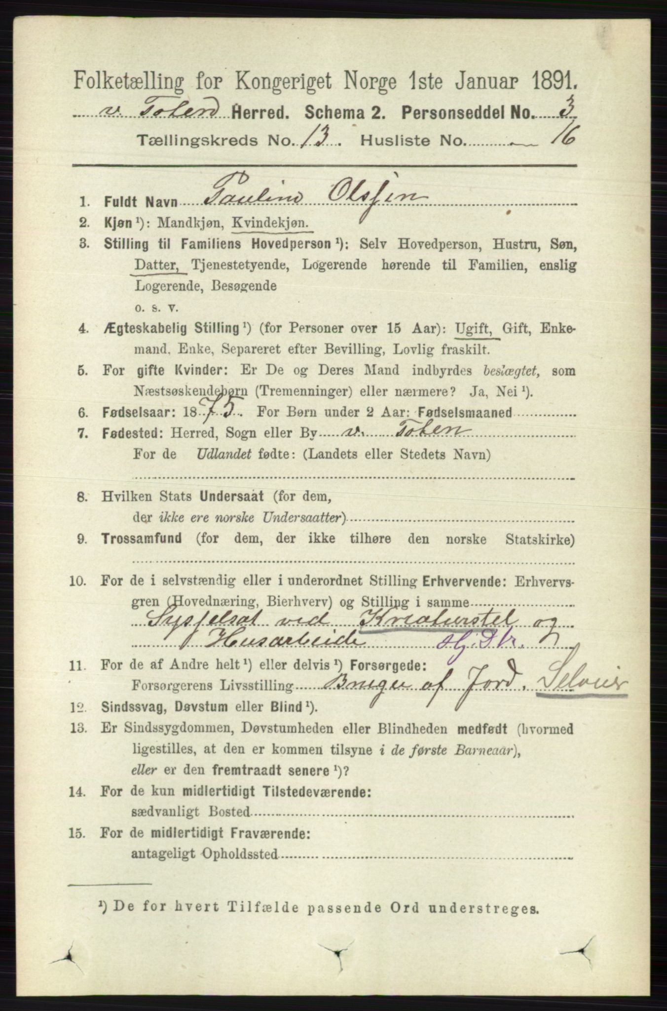 RA, 1891 census for 0529 Vestre Toten, 1891, p. 7885