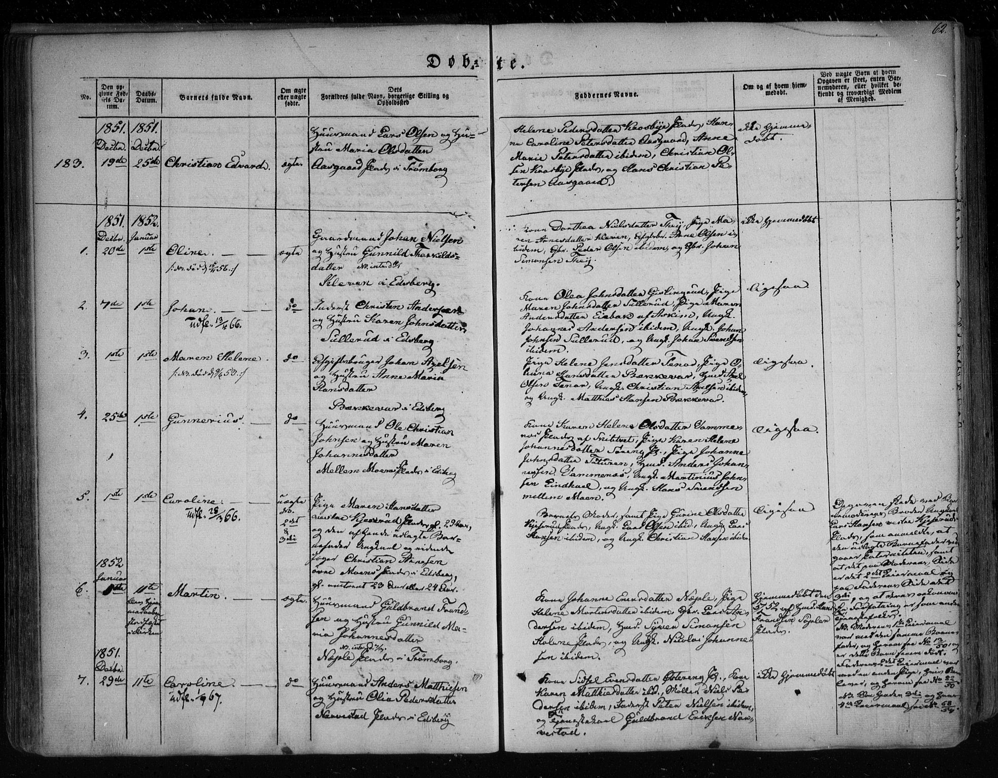 Eidsberg prestekontor Kirkebøker, SAO/A-10905/F/Fa/L0009: Parish register (official) no. I 9, 1849-1856, p. 62