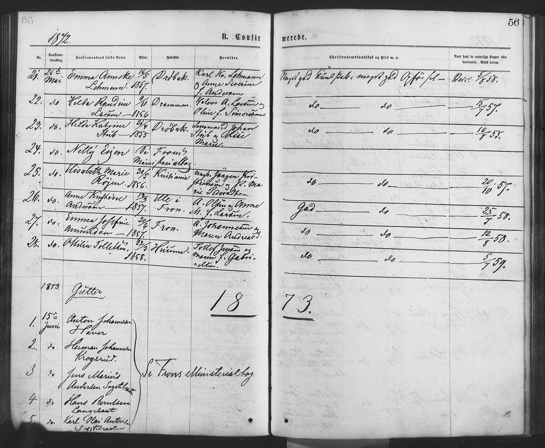 Drøbak prestekontor Kirkebøker, AV/SAO-A-10142a/F/Fa/L0003: Parish register (official) no. I 3, 1871-1877, p. 56