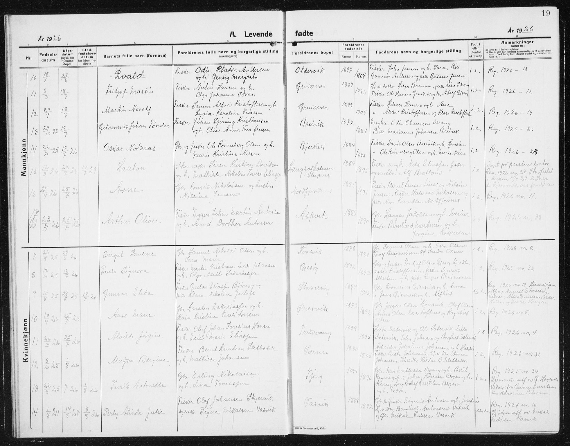 Ministerialprotokoller, klokkerbøker og fødselsregistre - Nordland, SAT/A-1459/841/L0622: Parish register (copy) no. 841C06, 1924-1942, p. 19