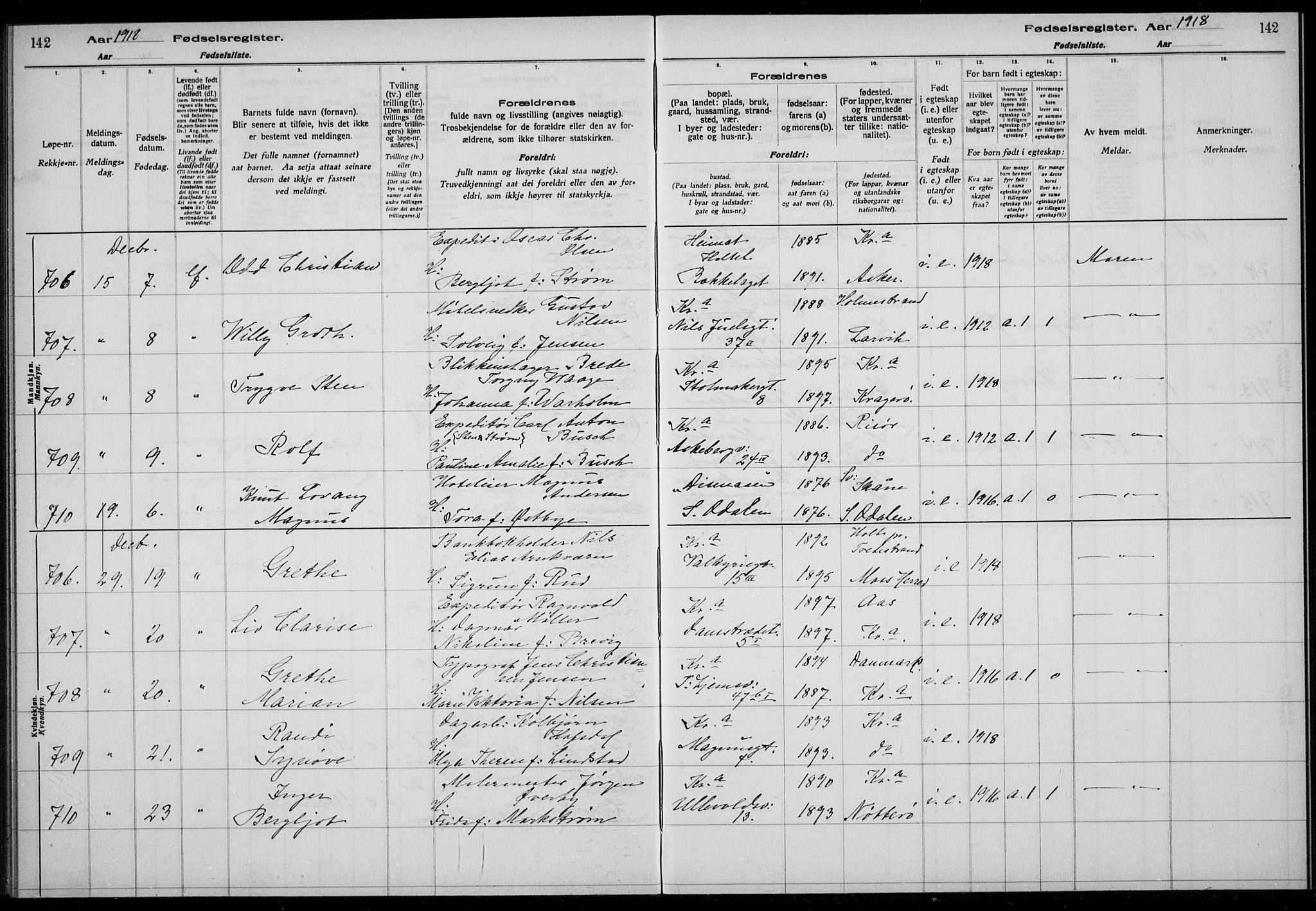 Rikshospitalet prestekontor Kirkebøker, AV/SAO-A-10309b/J/L0003: Birth register no. 3, 1918-1918, p. 142