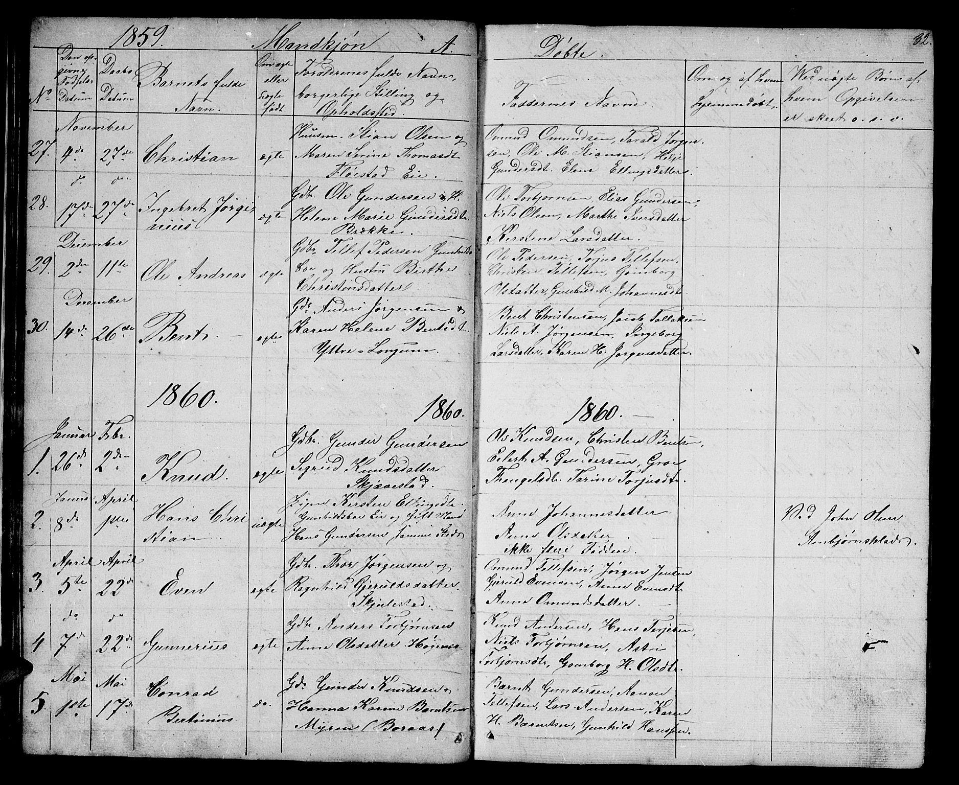 Austre Moland sokneprestkontor, AV/SAK-1111-0001/F/Fb/Fba/L0001: Parish register (copy) no. B 1, 1842-1868, p. 32