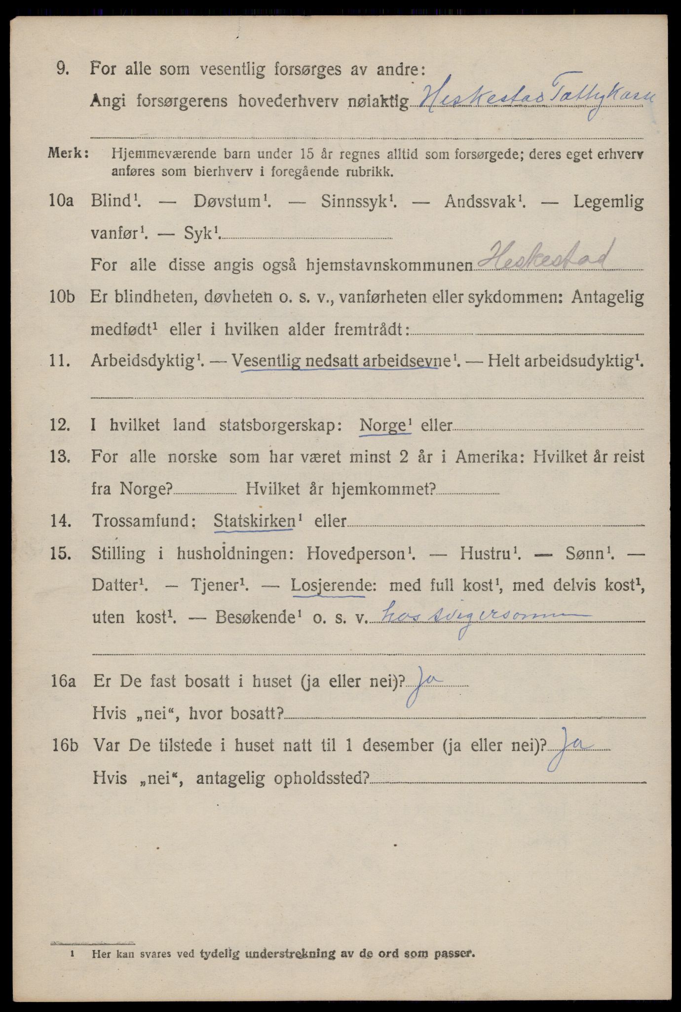 SAST, 1920 census for Heskestad, 1920, p. 394