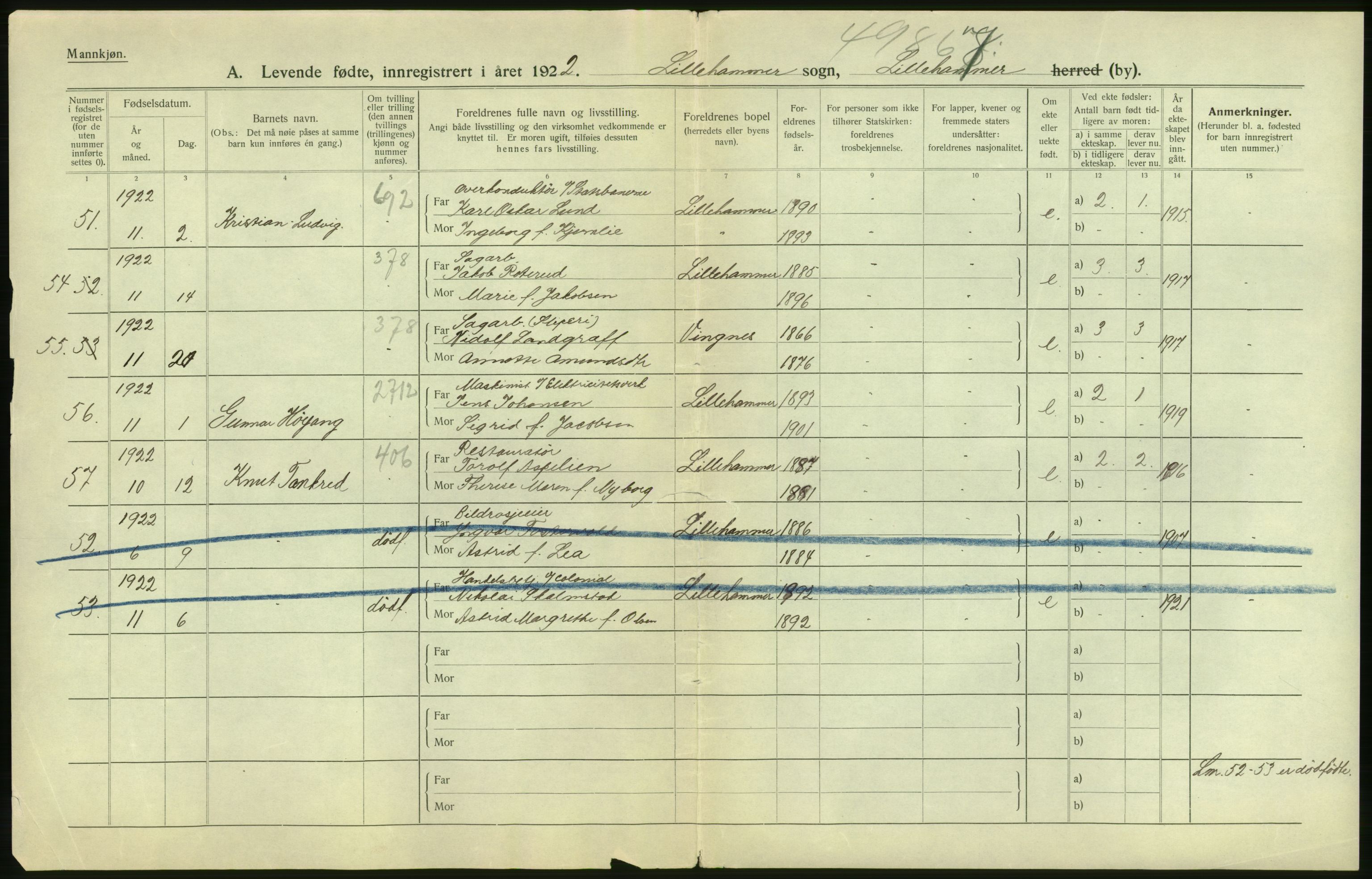 Statistisk sentralbyrå, Sosiodemografiske emner, Befolkning, AV/RA-S-2228/D/Df/Dfc/Dfcb/L0013: Oppland fylke: Levendefødte menn og kvinner. Bygder og byer., 1922, p. 4