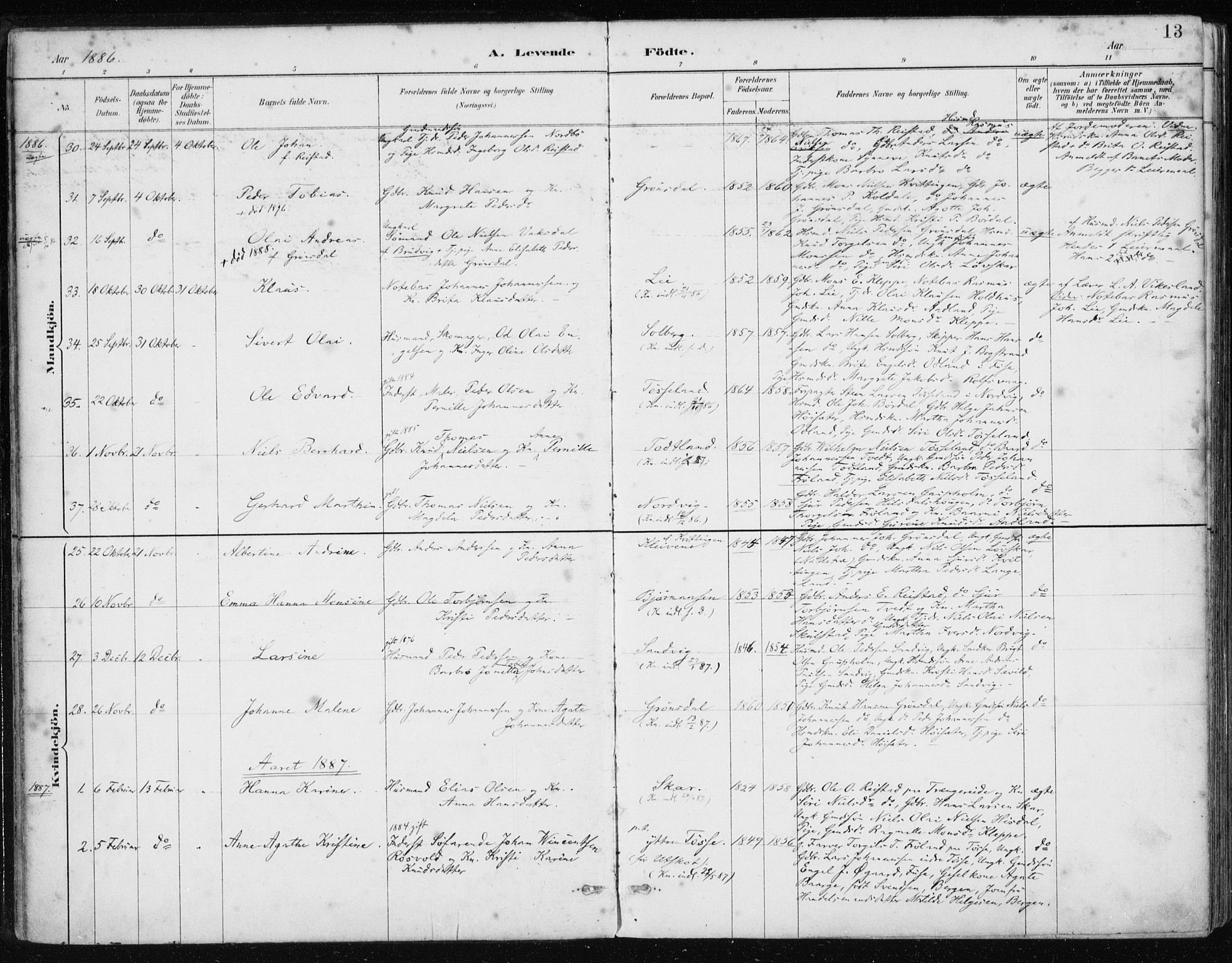 Samnanger Sokneprestembete, AV/SAB-A-77501/H/Haa: Parish register (official) no. A 1, 1885-1901, p. 13