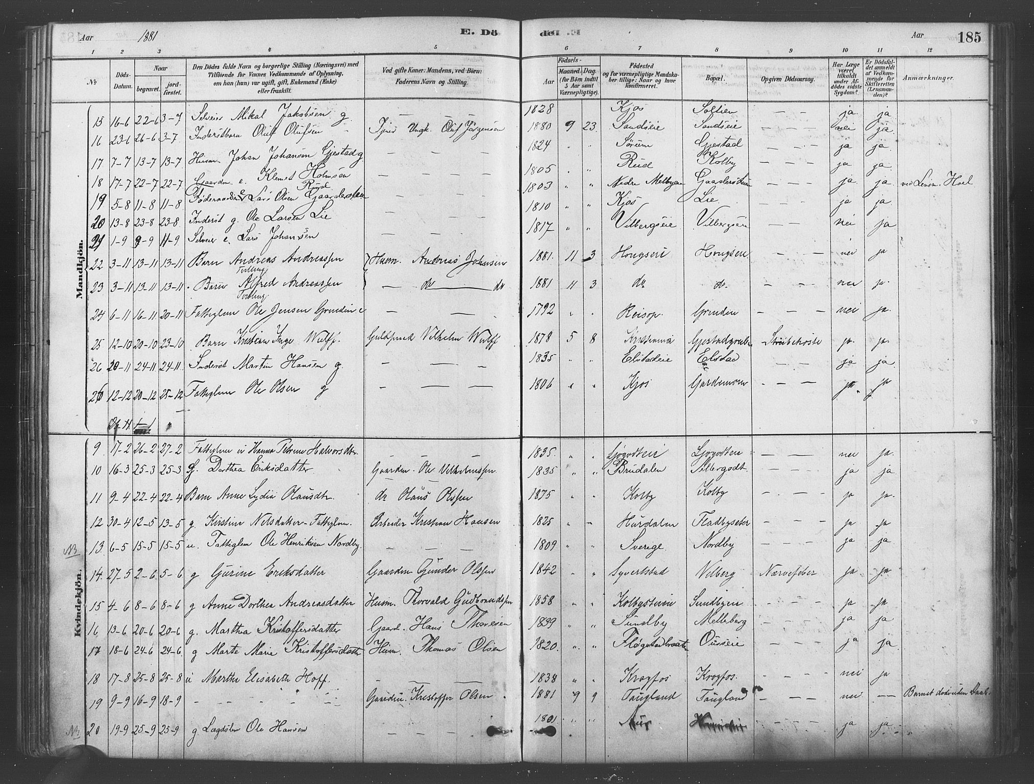 Ullensaker prestekontor Kirkebøker, SAO/A-10236a/F/Fb/L0001: Parish register (official) no. II 1, 1878-1893, p. 185