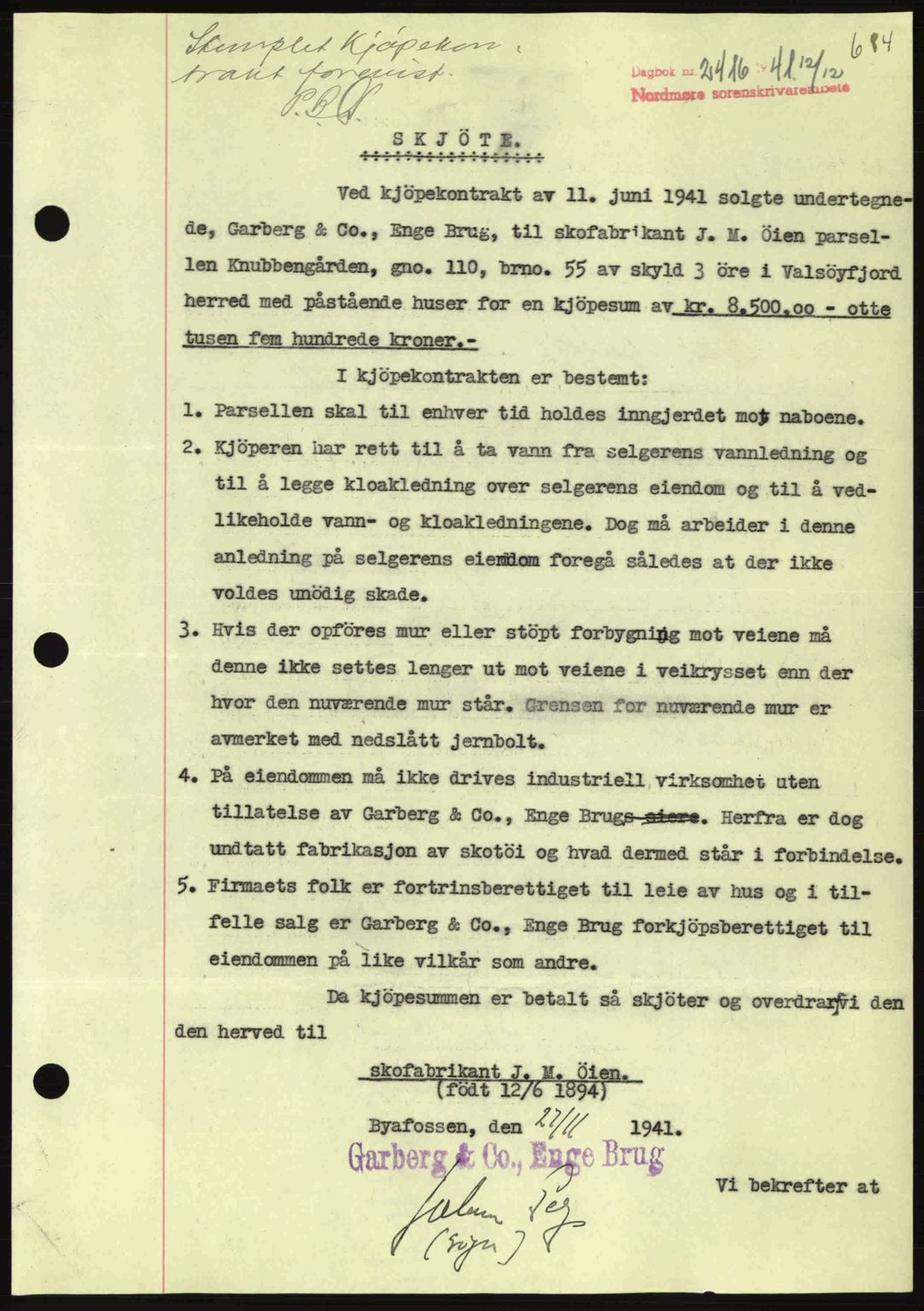 Nordmøre sorenskriveri, AV/SAT-A-4132/1/2/2Ca: Mortgage book no. A91, 1941-1942, Diary no: : 2416/1941