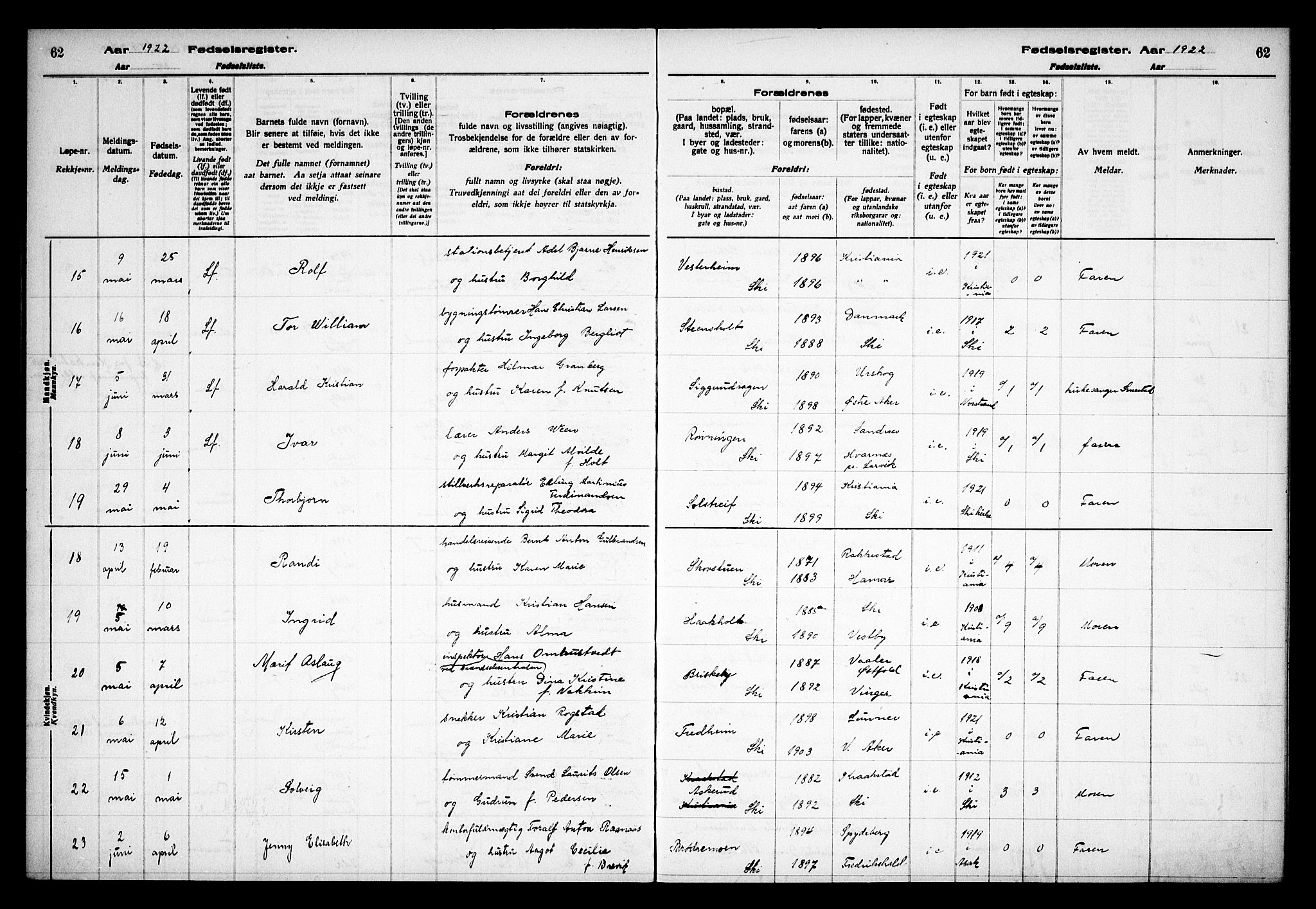 Kråkstad prestekontor Kirkebøker, AV/SAO-A-10125a/J/Jb/L0001: Birth register no. II 1, 1916-1936, p. 62