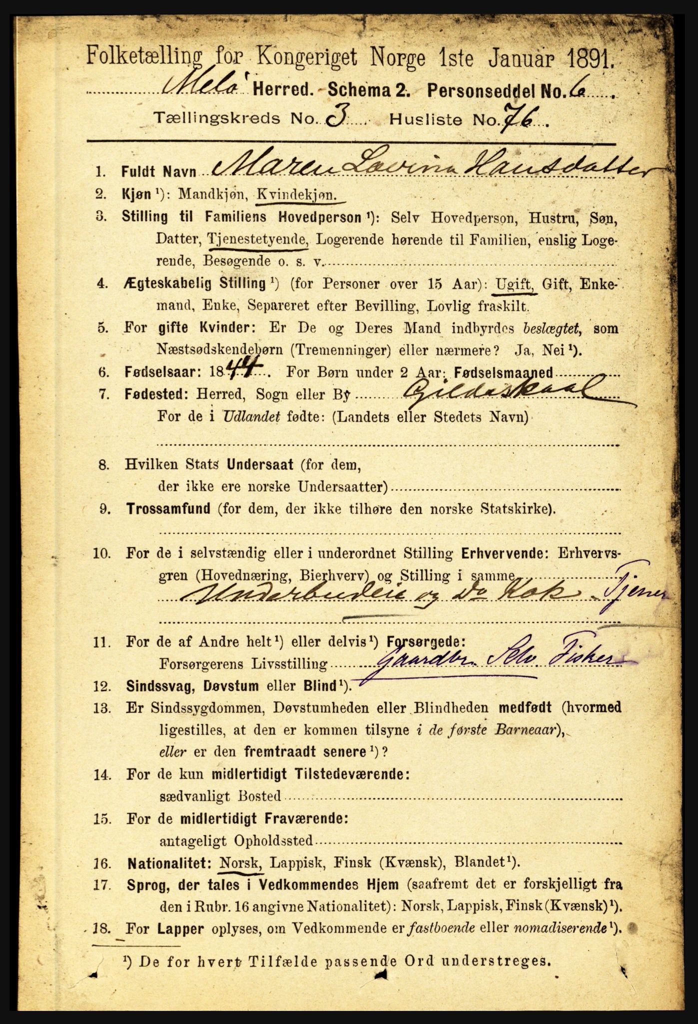 RA, 1891 census for 1837 Meløy, 1891, p. 1413