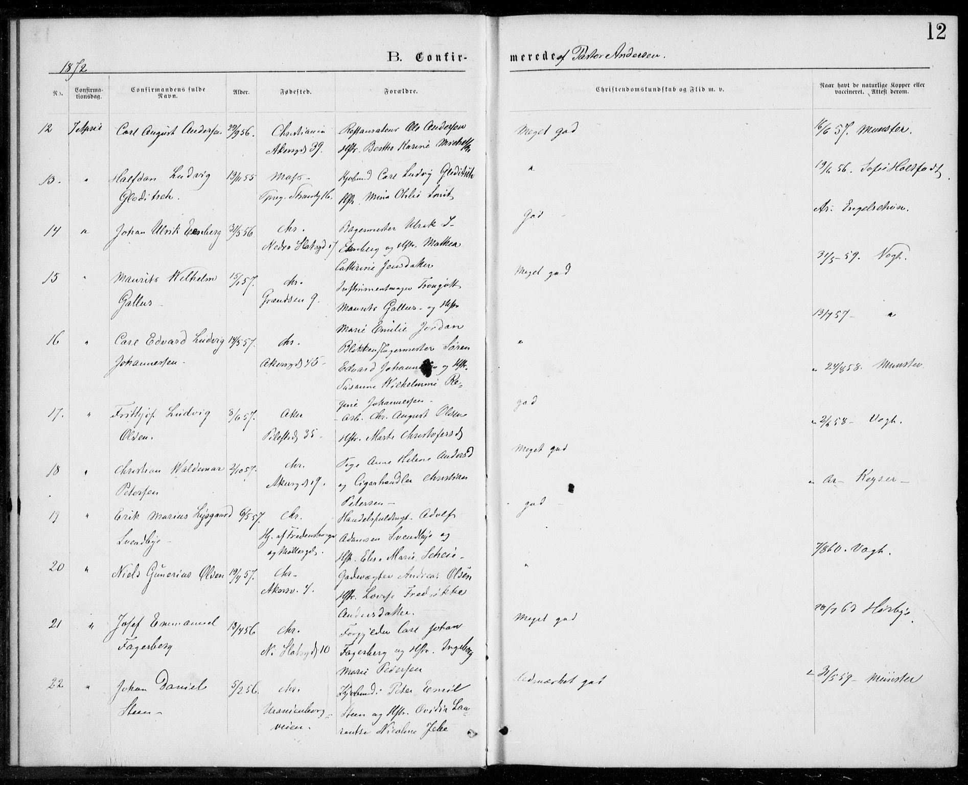 Trefoldighet prestekontor Kirkebøker, SAO/A-10882/F/Fb/L0002: Parish register (official) no. II 2, 1871-1880, p. 12