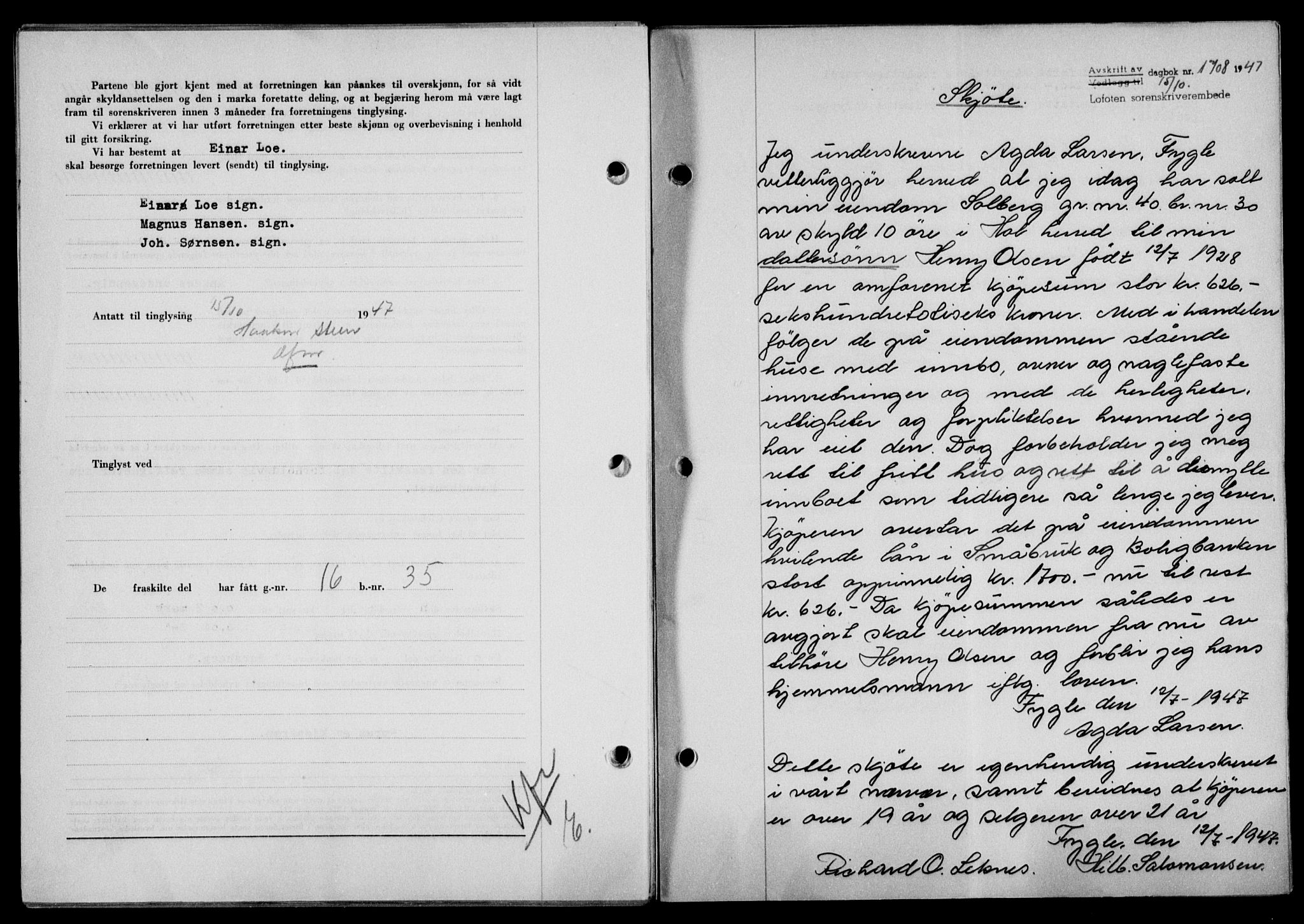 Lofoten sorenskriveri, SAT/A-0017/1/2/2C/L0017a: Mortgage book no. 17a, 1947-1948, Diary no: : 1708/1947