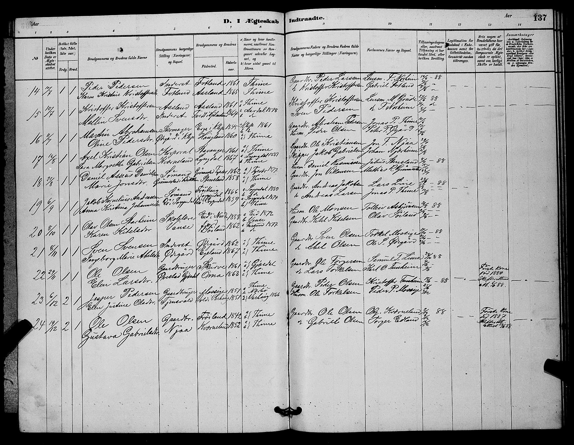 Lye sokneprestkontor, AV/SAST-A-101794/001/30BB/L0006: Parish register (copy) no. B 6, 1879-1888, p. 137