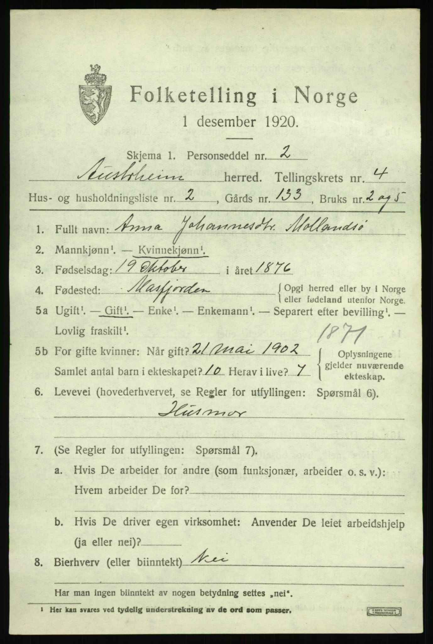 SAB, 1920 census for Austrheim, 1920, p. 1780