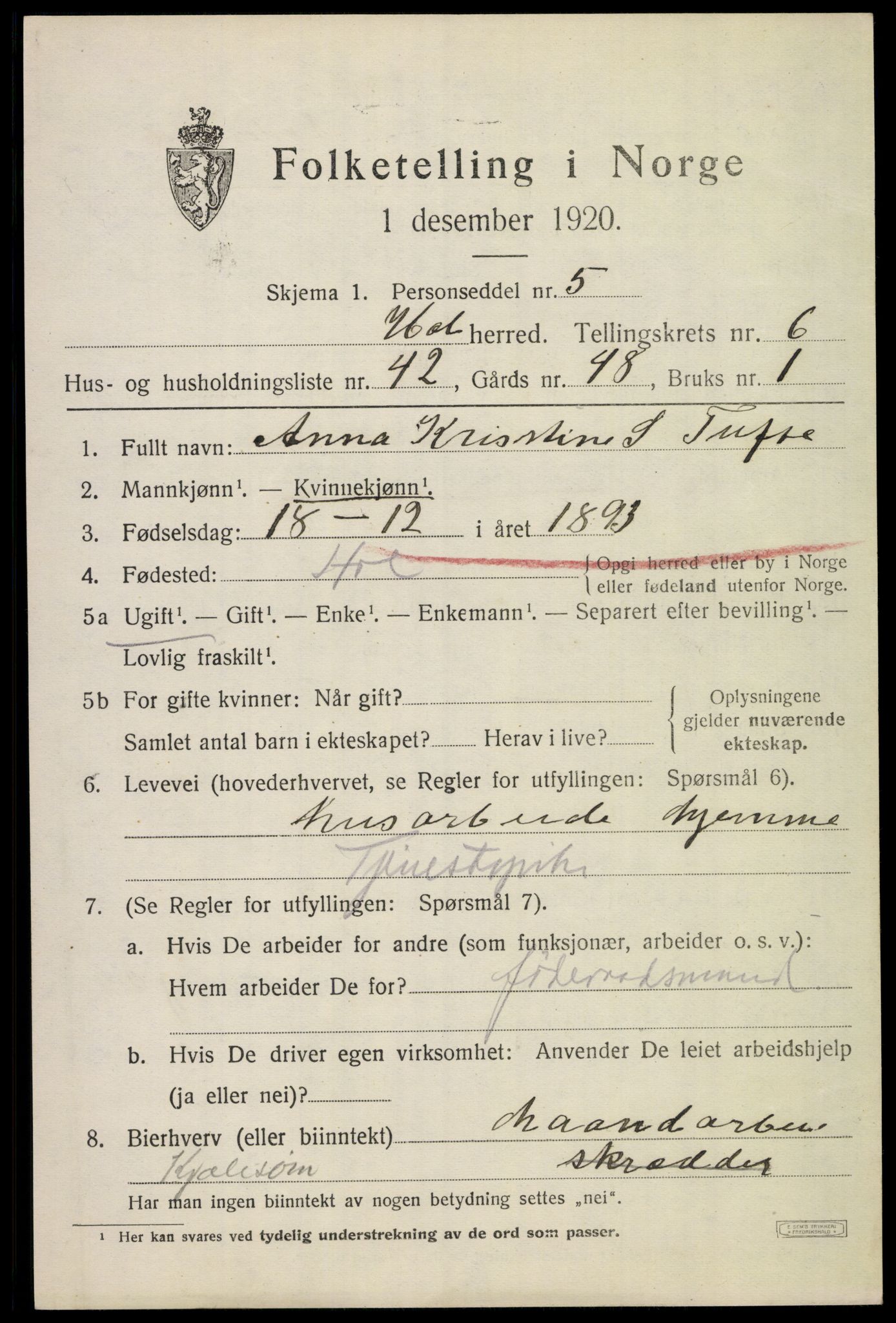 SAKO, 1920 census for Hol (Buskerud), 1920, p. 3505