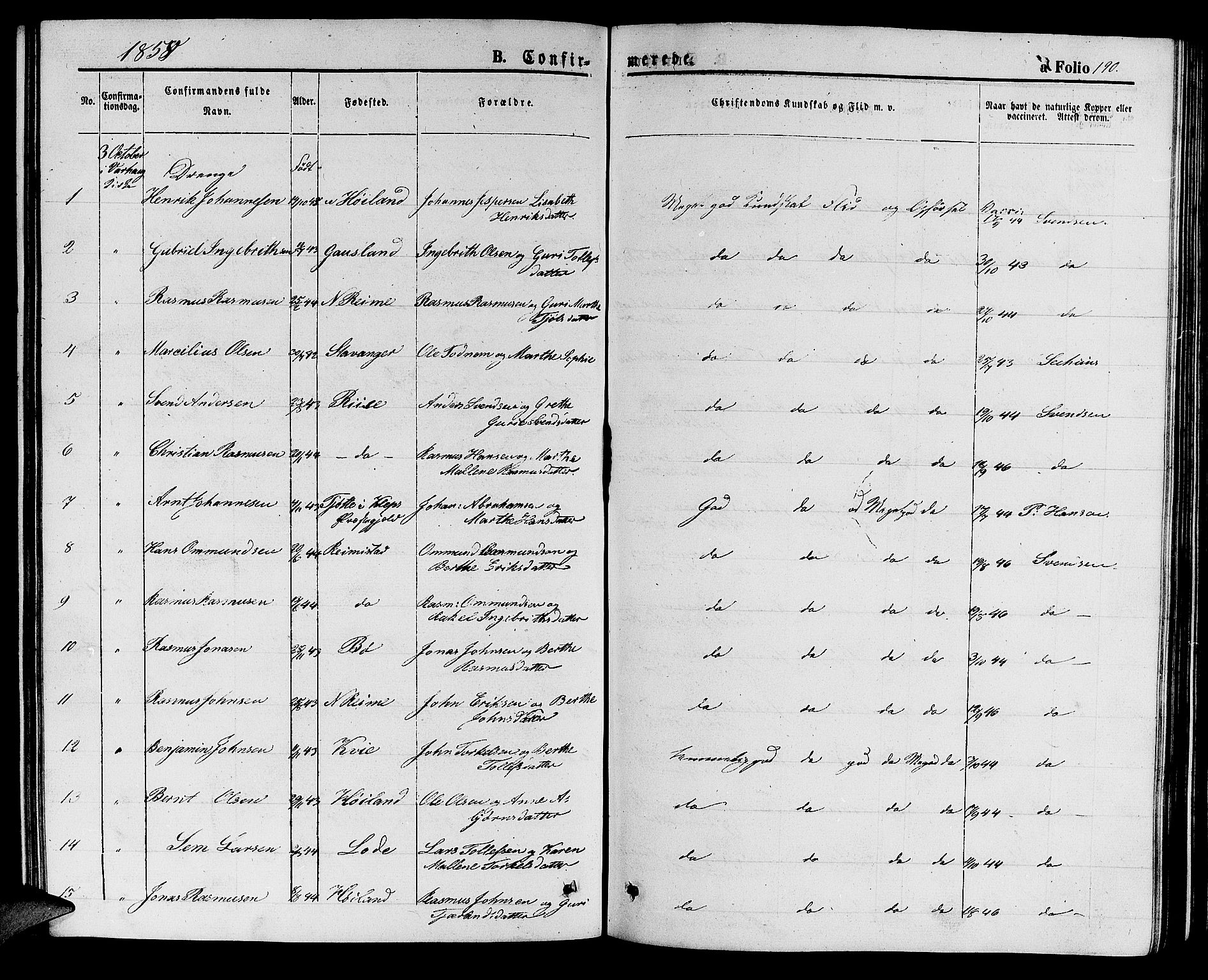 Hå sokneprestkontor, SAST/A-101801/001/30BB/L0001: Parish register (copy) no. B 1, 1854-1883, p. 190