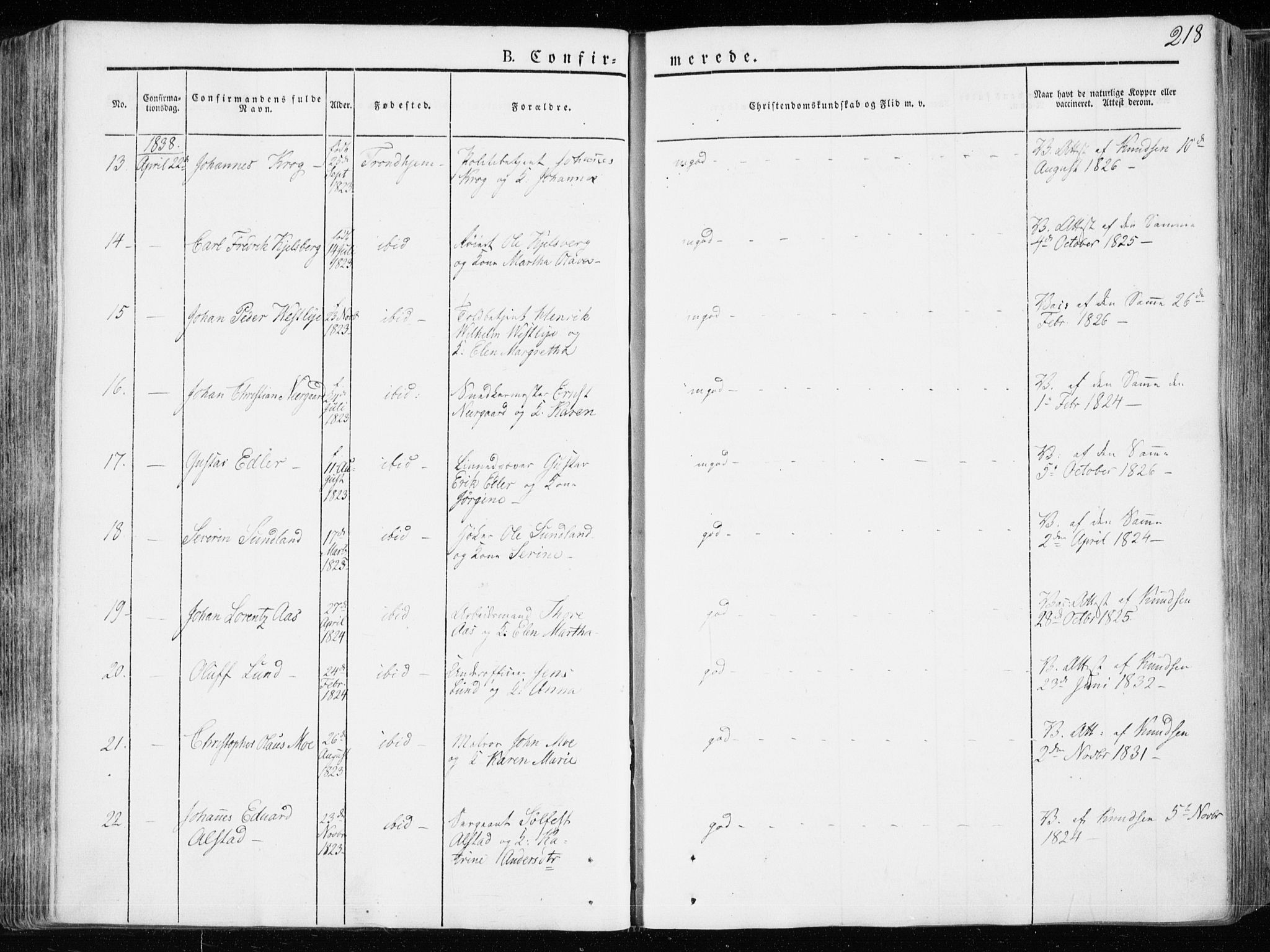 Ministerialprotokoller, klokkerbøker og fødselsregistre - Sør-Trøndelag, AV/SAT-A-1456/601/L0047: Parish register (official) no. 601A15, 1831-1839, p. 218