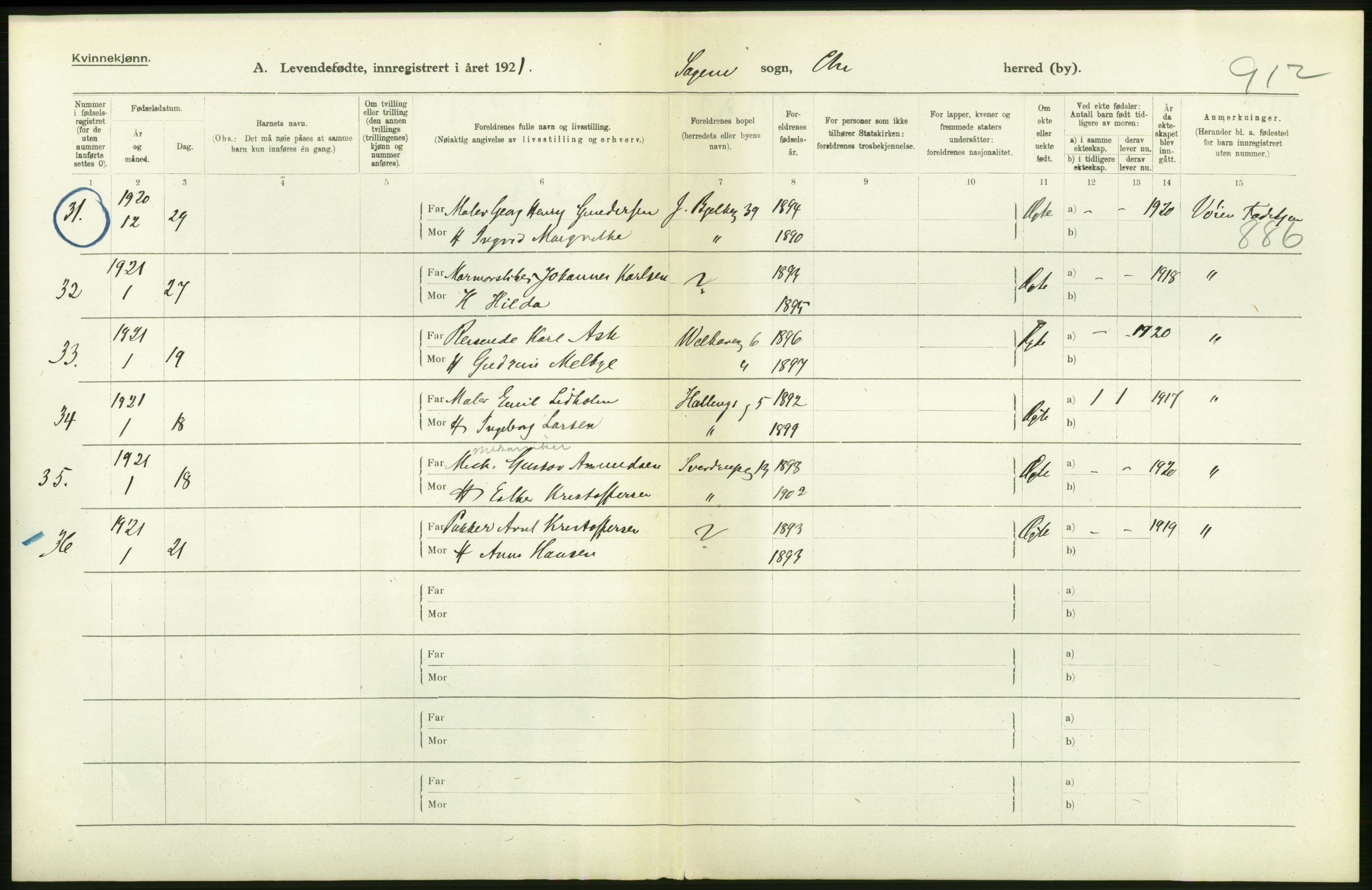 Statistisk sentralbyrå, Sosiodemografiske emner, Befolkning, RA/S-2228/D/Df/Dfc/Dfca/L0010: Kristiania: Levendefødte menn og kvinner., 1921, p. 240