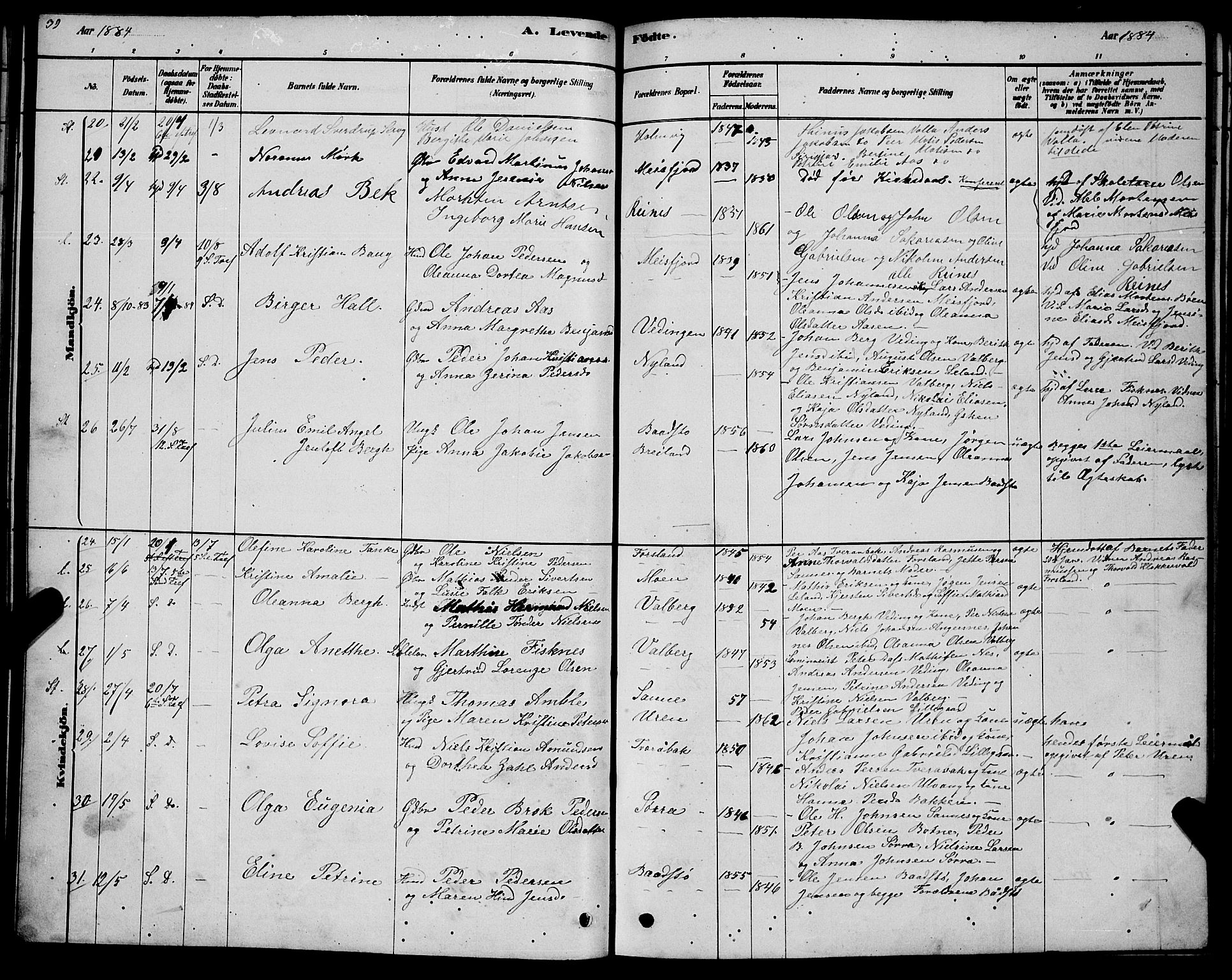 Ministerialprotokoller, klokkerbøker og fødselsregistre - Nordland, AV/SAT-A-1459/831/L0477: Parish register (copy) no. 831C04, 1878-1897, p. 39