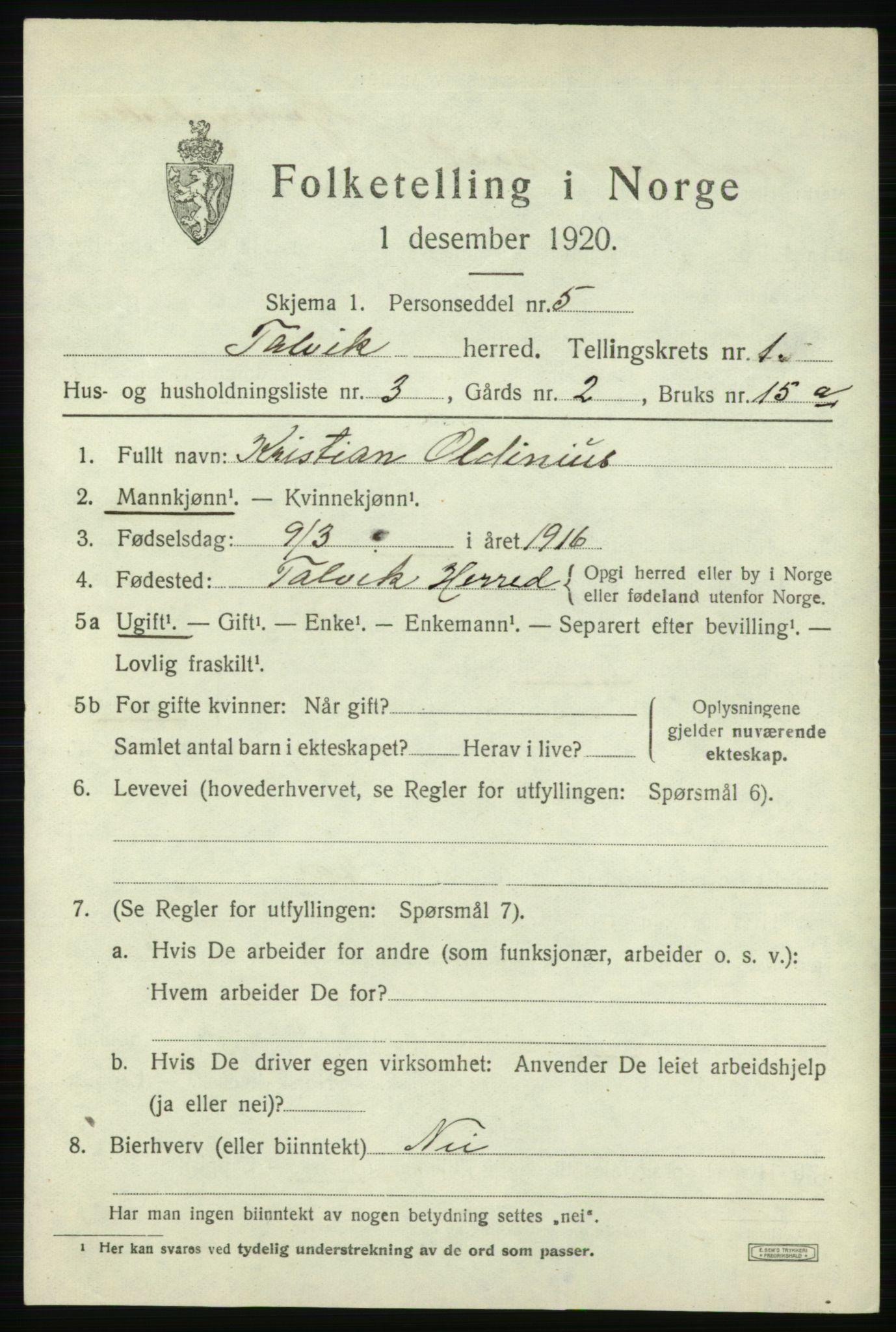 SATØ, 1920 census for Talvik, 1920, p. 1036