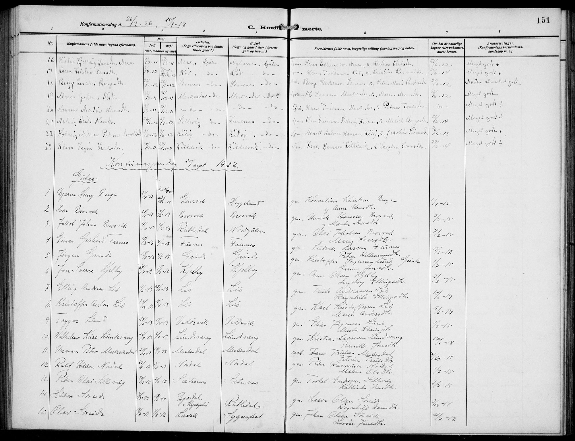 Gulen sokneprestembete, AV/SAB-A-80201/H/Hab/Habb/L0004: Parish register (copy) no. B 4, 1908-1936, p. 151