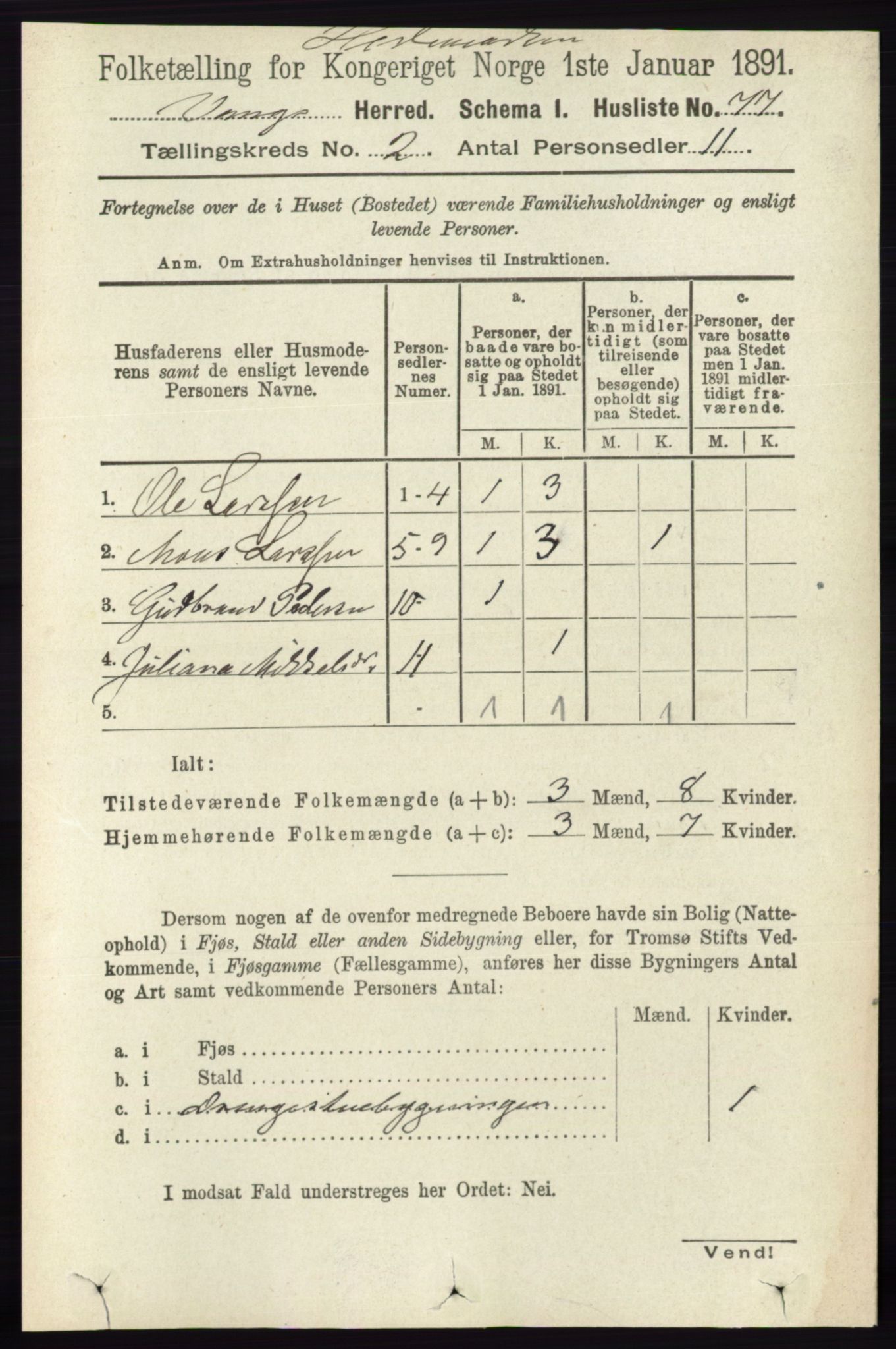 RA, 1891 census for 0414 Vang, 1891, p. 1008