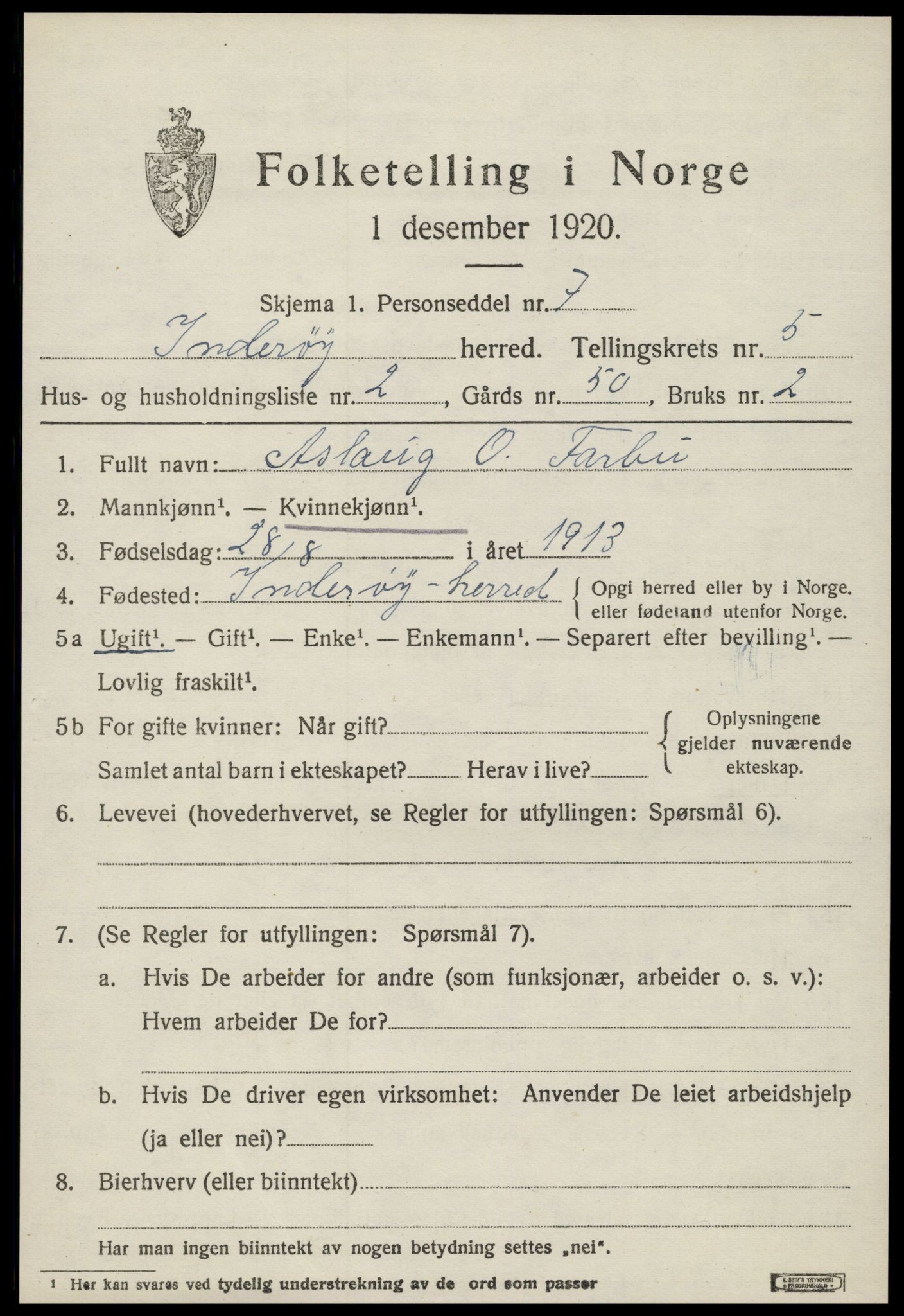 SAT, 1920 census for Inderøy, 1920, p. 4211
