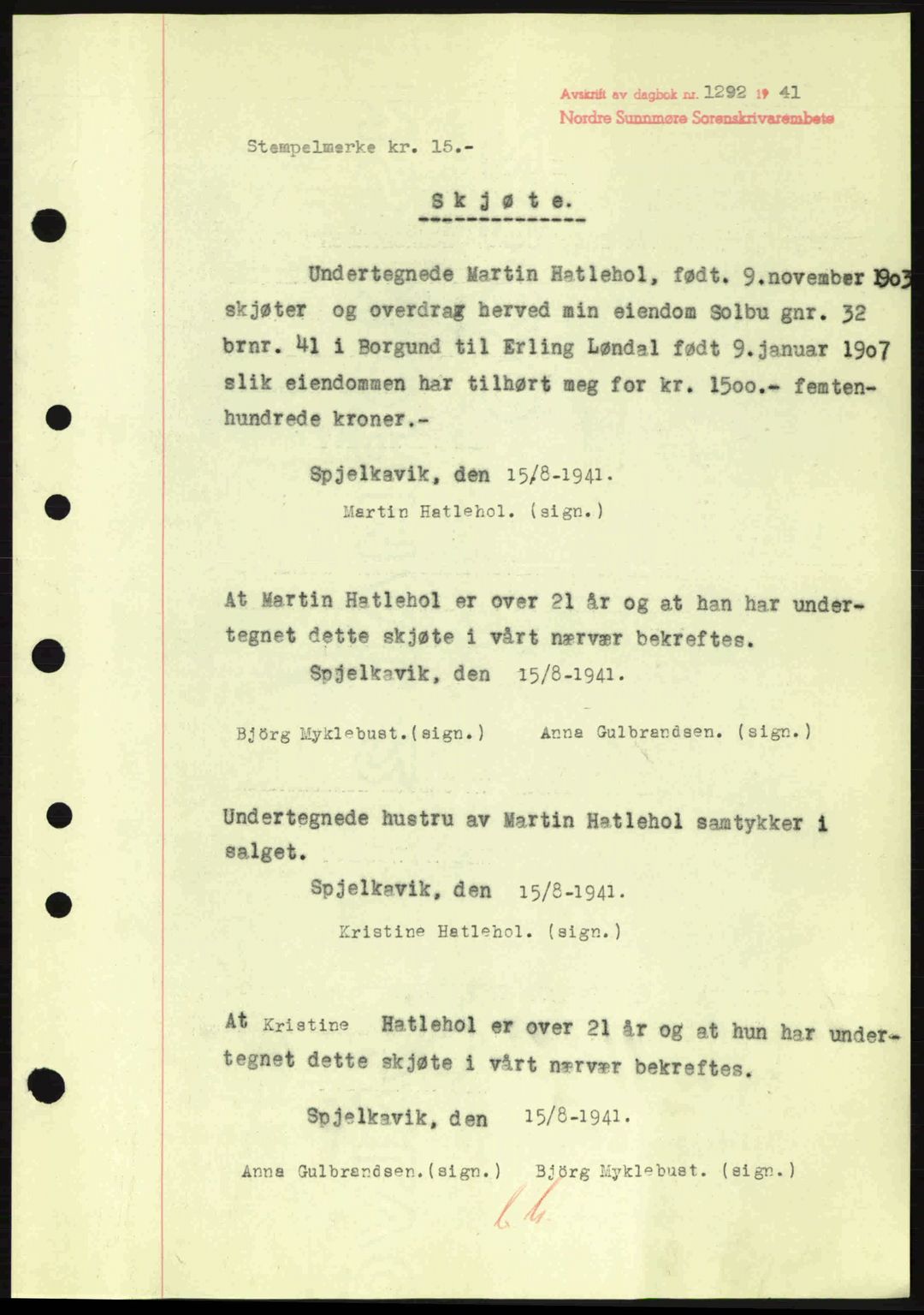 Nordre Sunnmøre sorenskriveri, AV/SAT-A-0006/1/2/2C/2Ca: Mortgage book no. A11, 1941-1941, Diary no: : 1292/1941