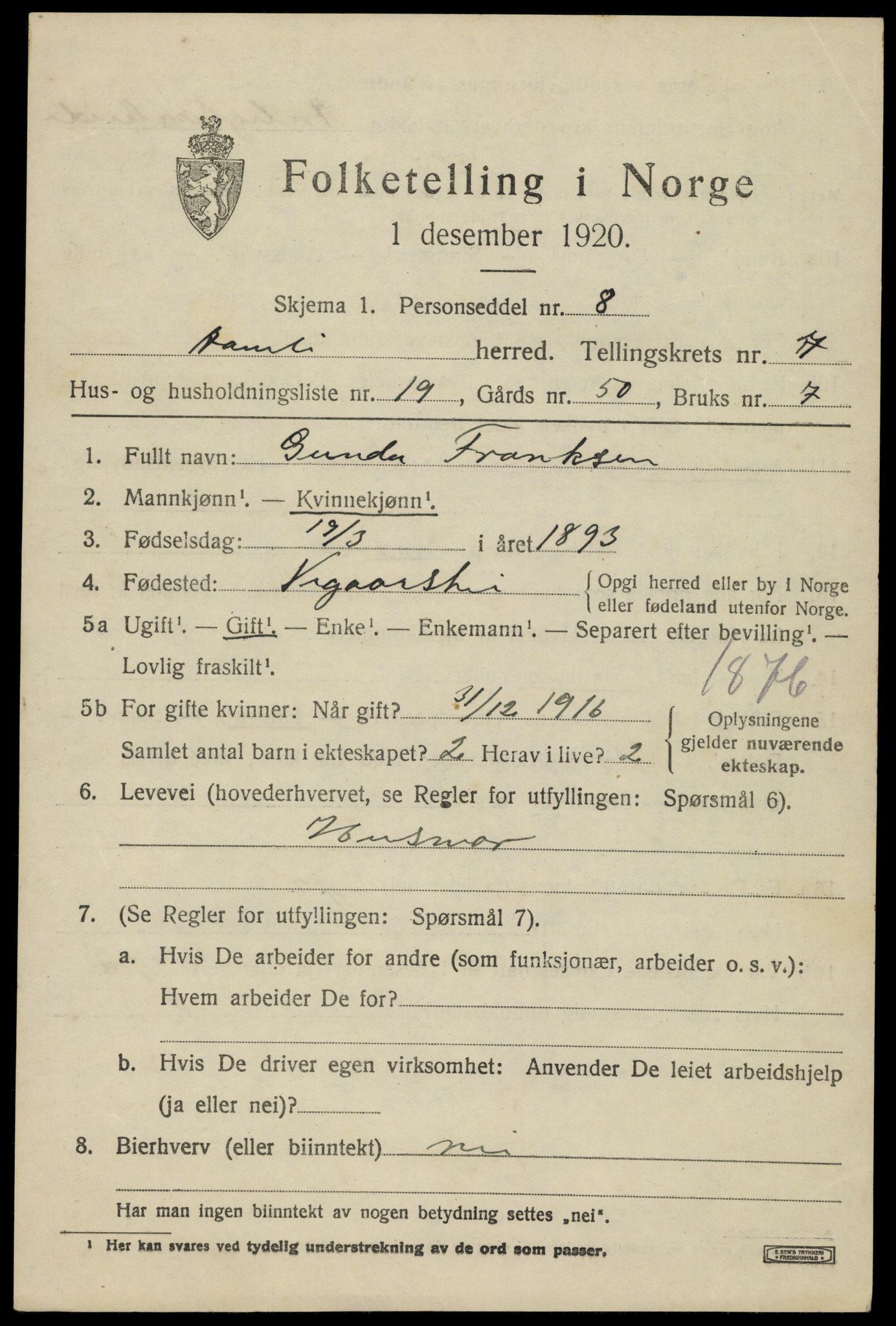 SAK, 1920 census for Åmli, 1920, p. 3179