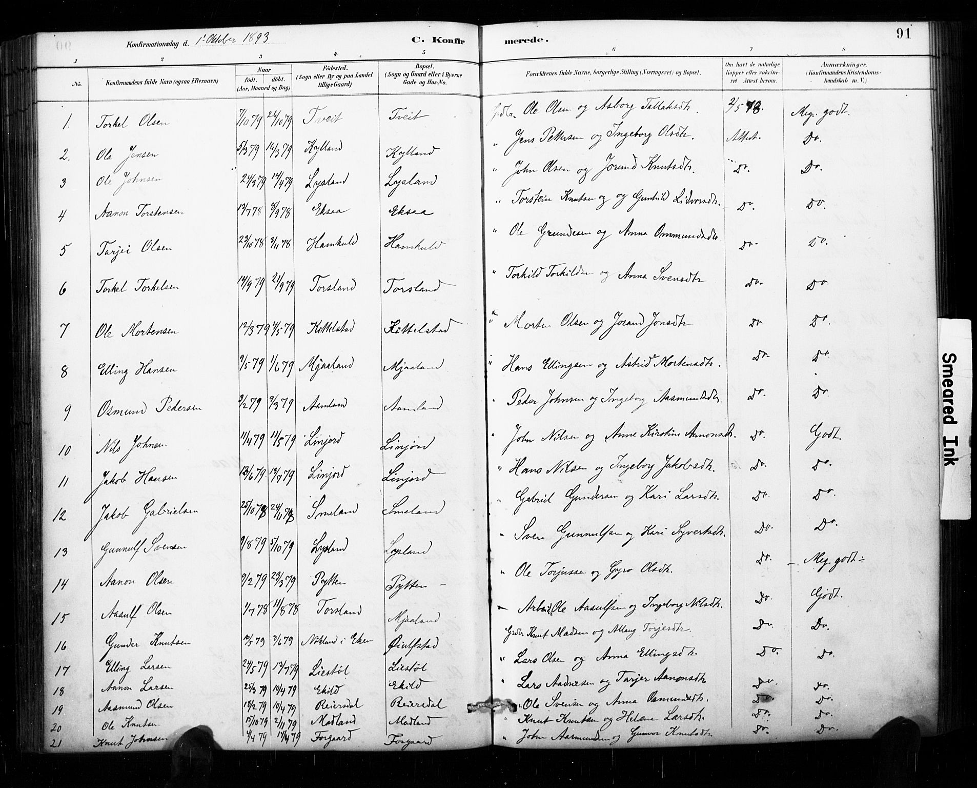 Åseral sokneprestkontor, AV/SAK-1111-0051/F/Fa/L0003: Parish register (official) no. A 3, 1884-1901, p. 91