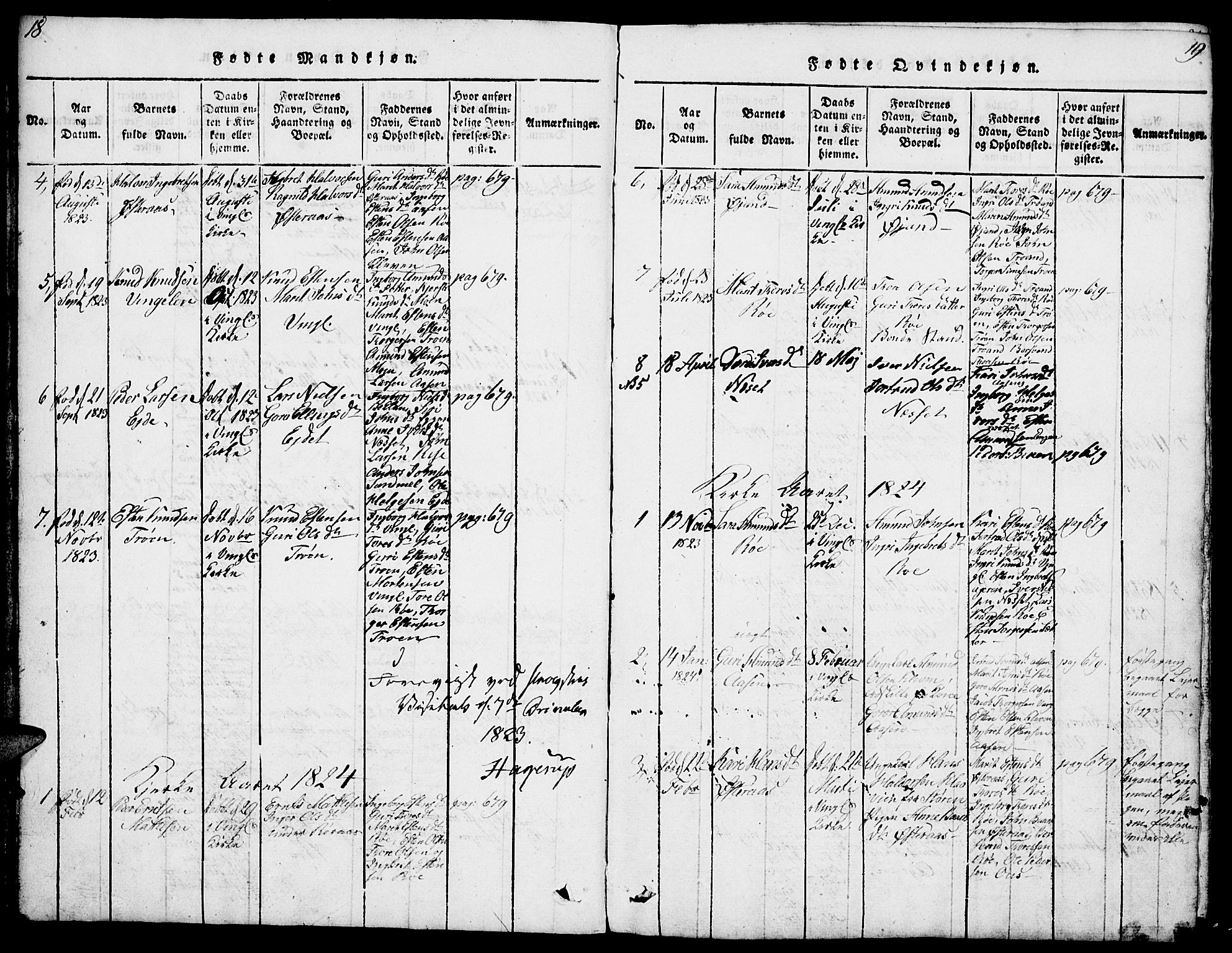 Tolga prestekontor, SAH/PREST-062/L/L0003: Parish register (copy) no. 3, 1815-1862, p. 18-19